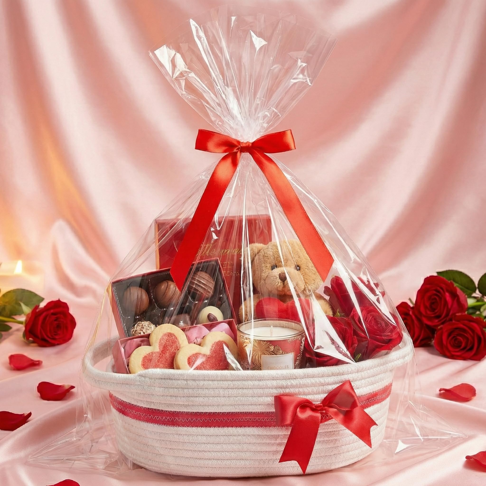 Yeeeasy Small Woven Basket with Bow and Gift Bag Simplicity Home Decor Rope Baskets for Gifts Empty 13.5" X 8.5" X 5.5" Storage Baby Toy Basket with