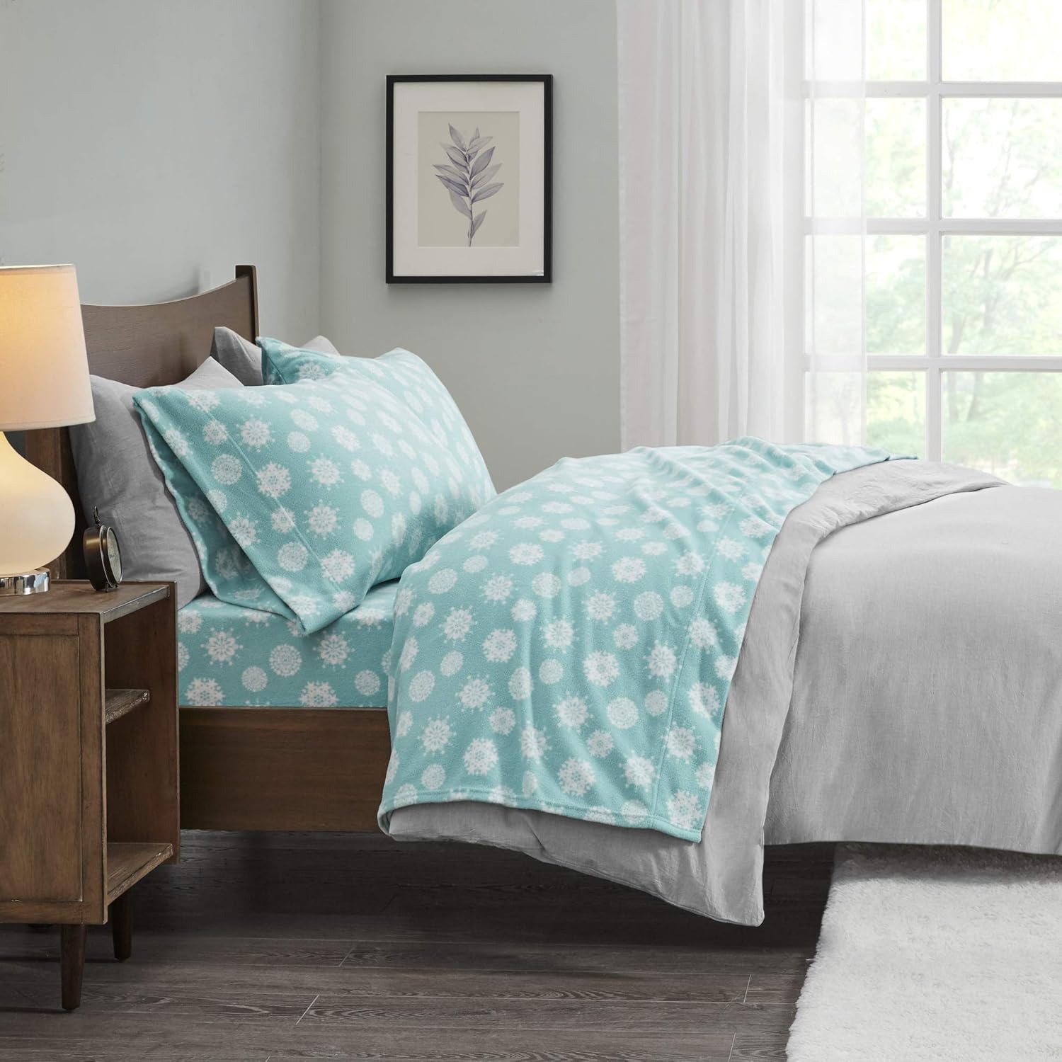 Sleep Philosophy True North Micro Fleece Bed Sheet Set, Warm, Sheets with 14" Deep Pocket, for Cold Season Cozy Sheet-Set, Matching Pillow Case, Twin, Blue Snowflake, 3 Piece : Home & Kitchen