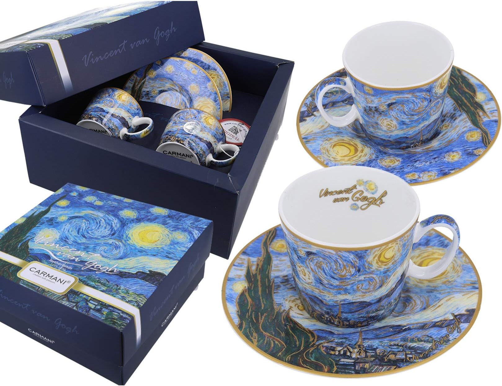 Carmani - Espresso Cup with Saucer Set of 2 with 'A Starry Night' by Vincent Van Gogh 125 ml