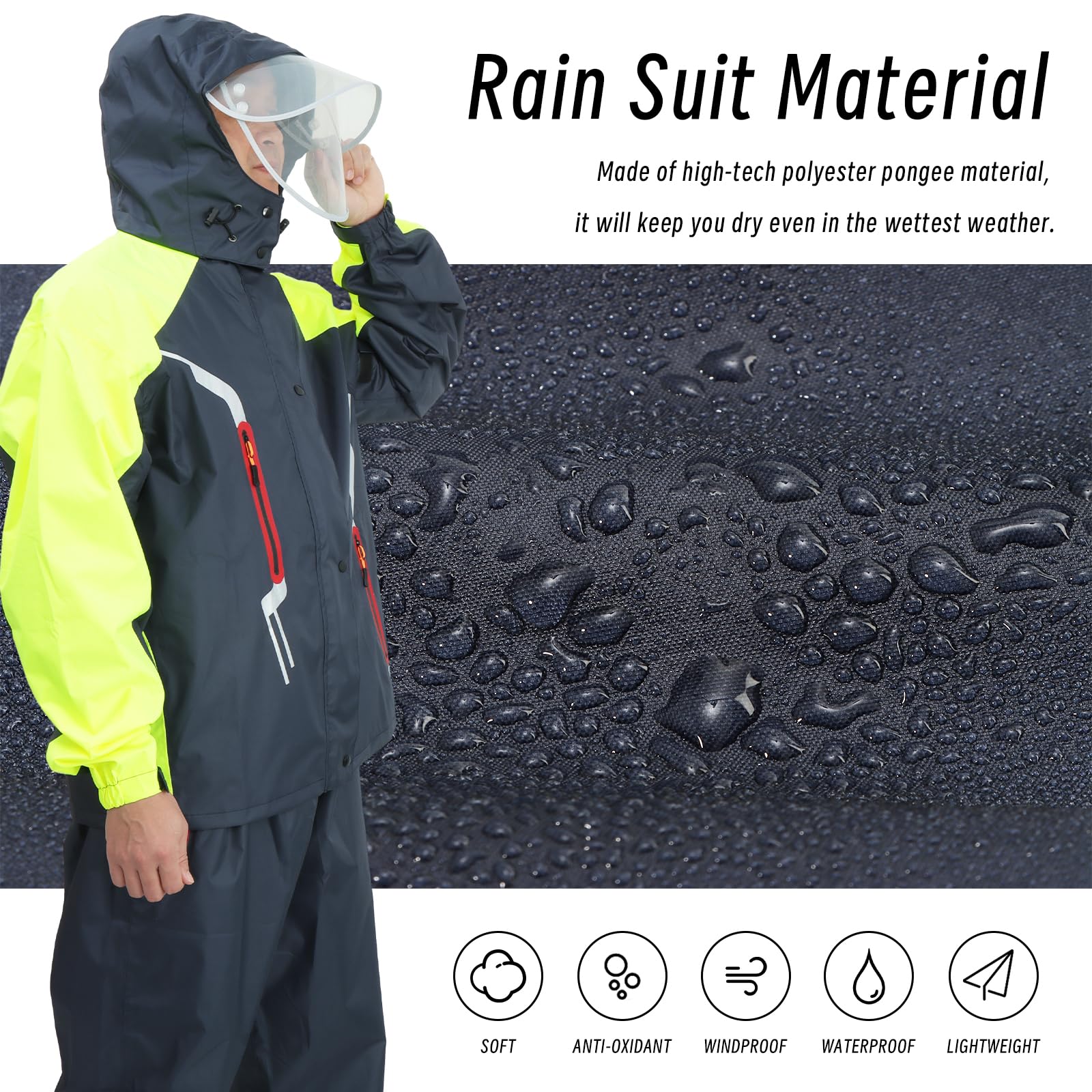 LY4U Uomo Impermeabile Tuta da Pioggia, Abbigliamento da Lavoro Giacca e Pantaloni da Ciclismo con Cappuccio, Tuta Impermeabile con Striscia Riflettente Sicura