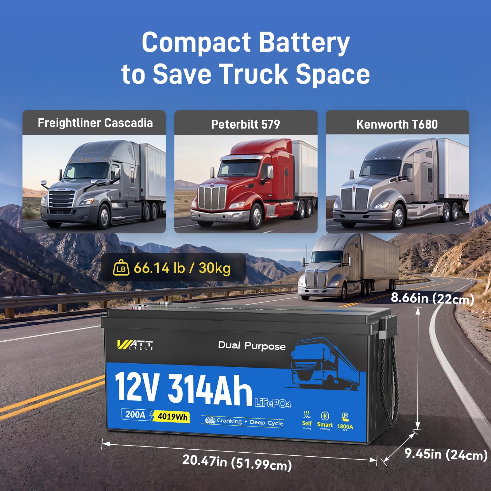 WattCycle LiFePO4 12V 314Ah, 4019Wh, 1800CCA, Batteria per Camper e Camion