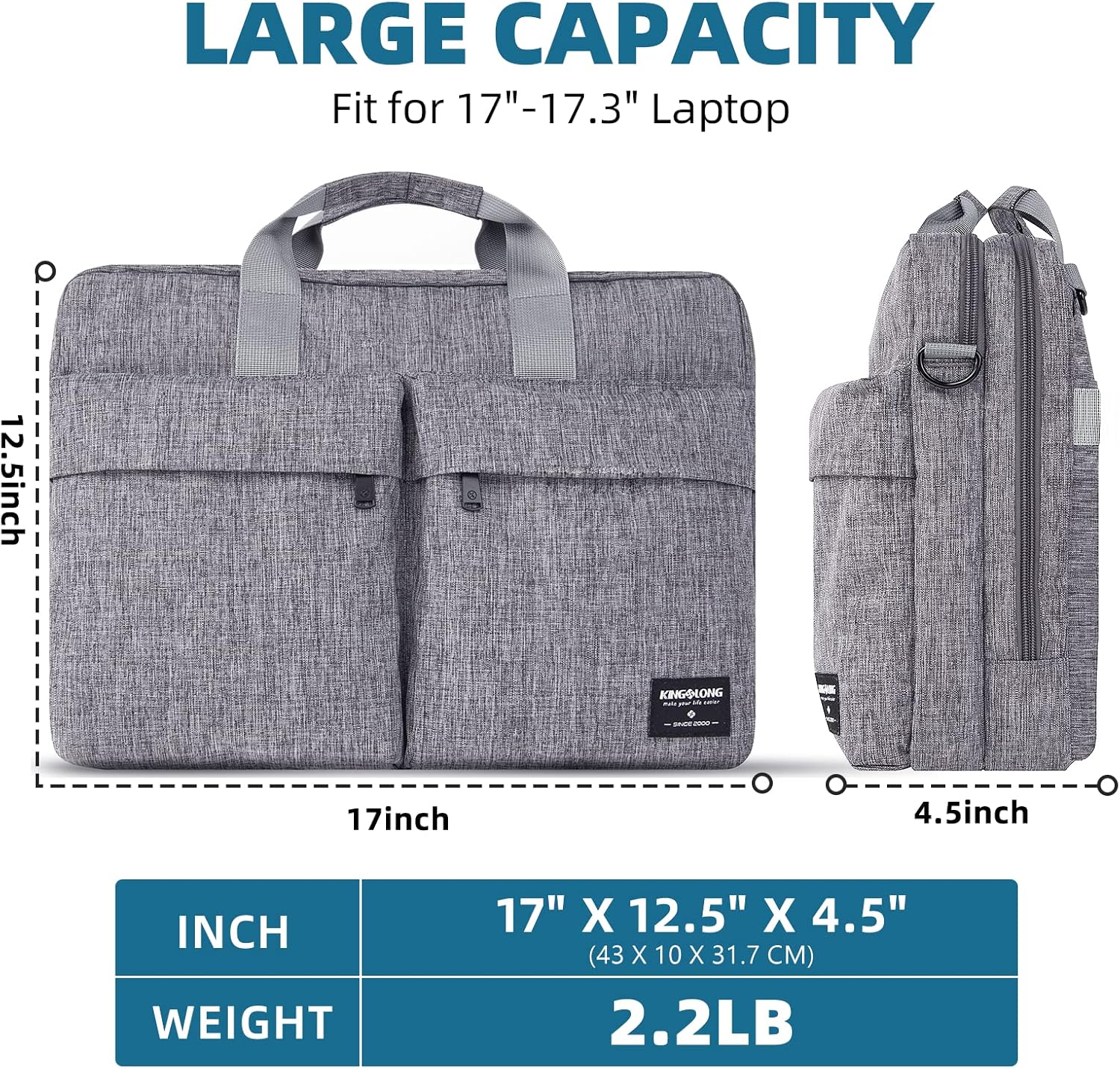 KINGSLONG 17.3 inch Laptop Briefcase Bag, Laptop Shoulder Bag for Men Women, Water Resistant Business Crossbody Bag with Shoulder Strap, Computer Bag for Asus Acer Dell Thinkpad, Grey