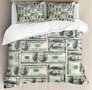 Ambesonne Money Duvet Cover Set, Dollar Bills of United States Federal Reserve The Ben Franklin Portrait, Decorative 3 Piece Bedding Set with 2 Pillow Shams, Queen Size, Green Grey