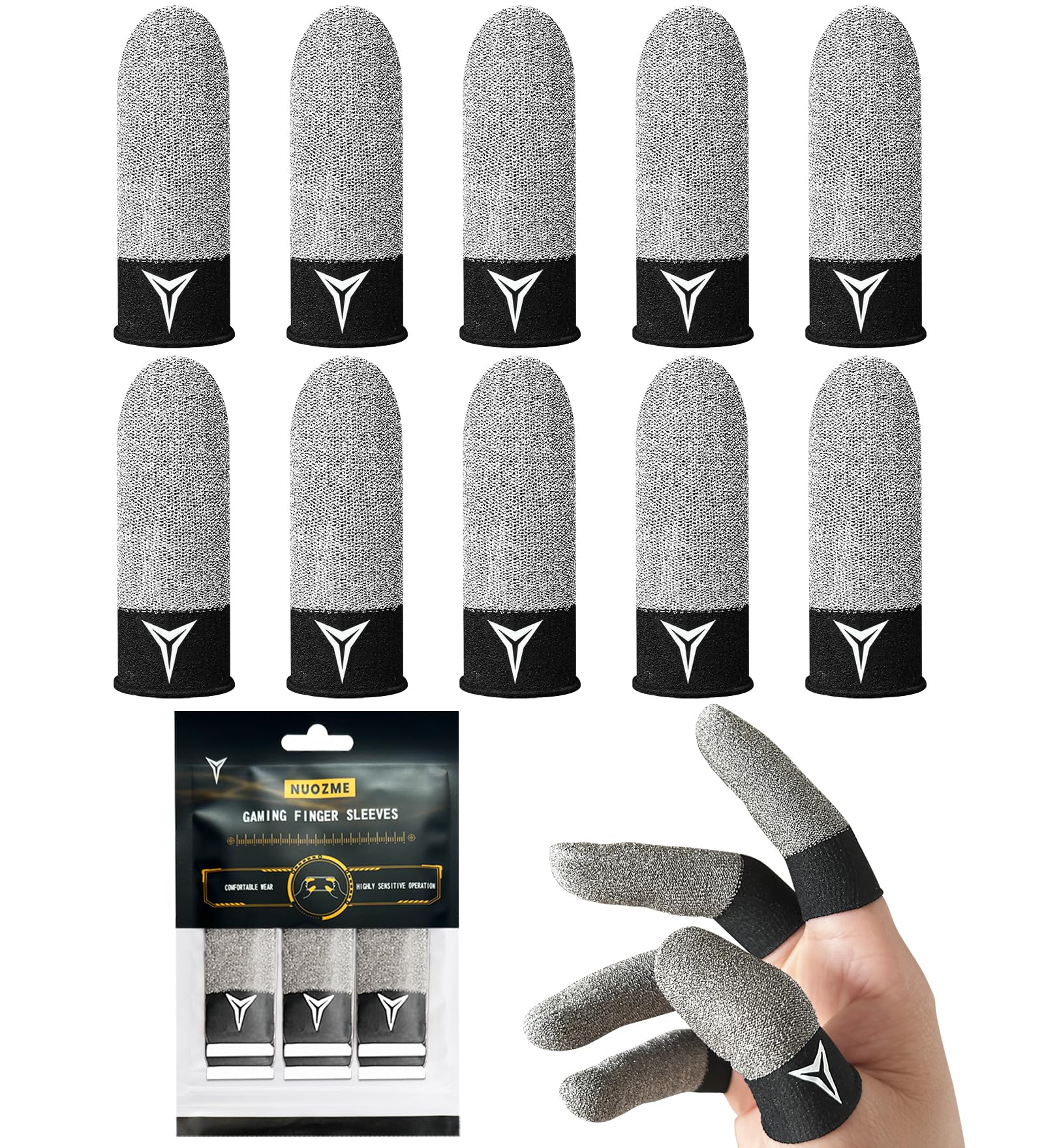 2025 Upgrade: Longer Size for 5 Fingers,Visible Pure Silver & Carbon Fiber Professional Finger Sleeves for Mobile Gaming–No Rubber Band, Maximum Touch Sensitivity, Anti-Sweat,10 Pack (M)