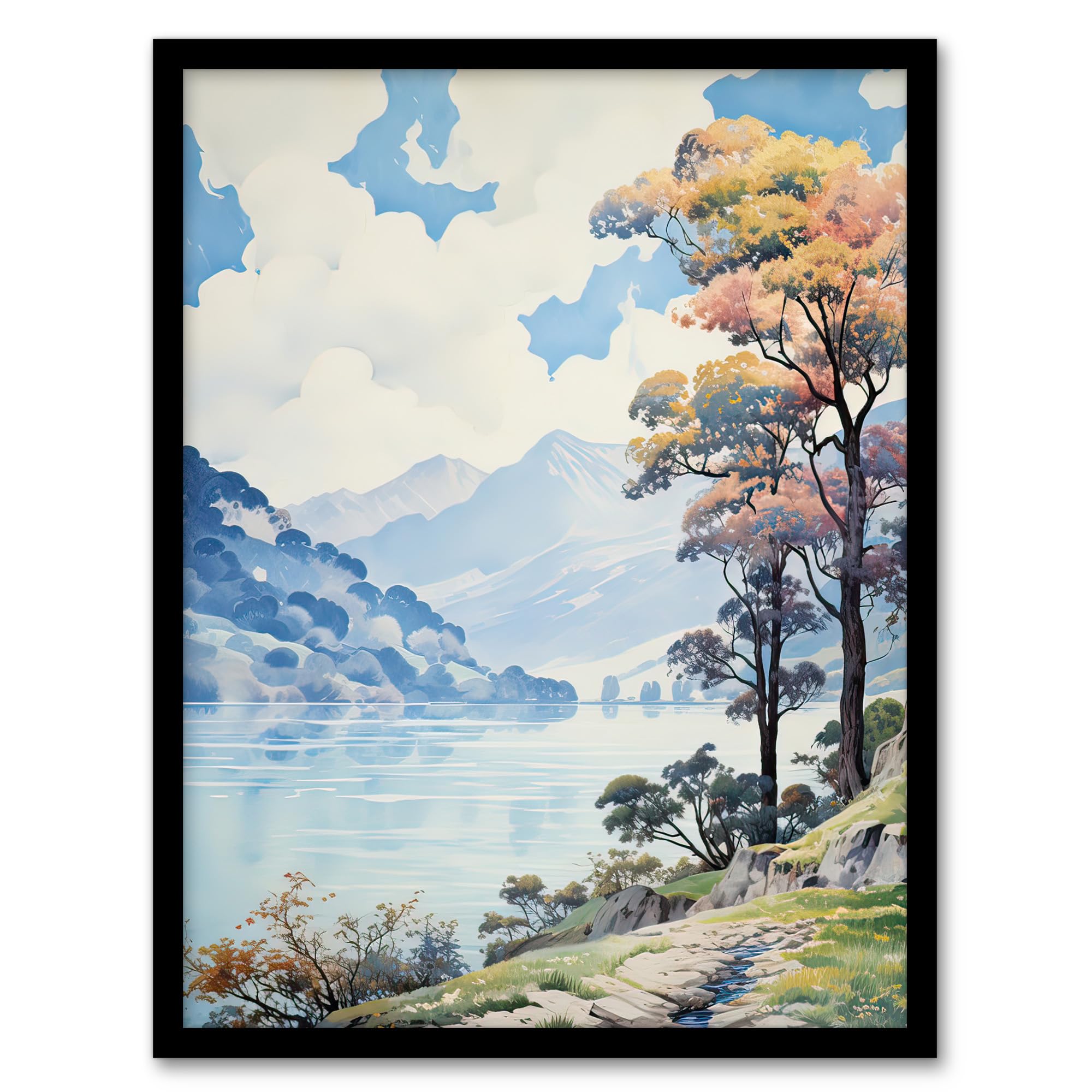 Artery8 Scenic Lake District Landscape with Autumn Trees Artwork Framed Wall Art Print A4