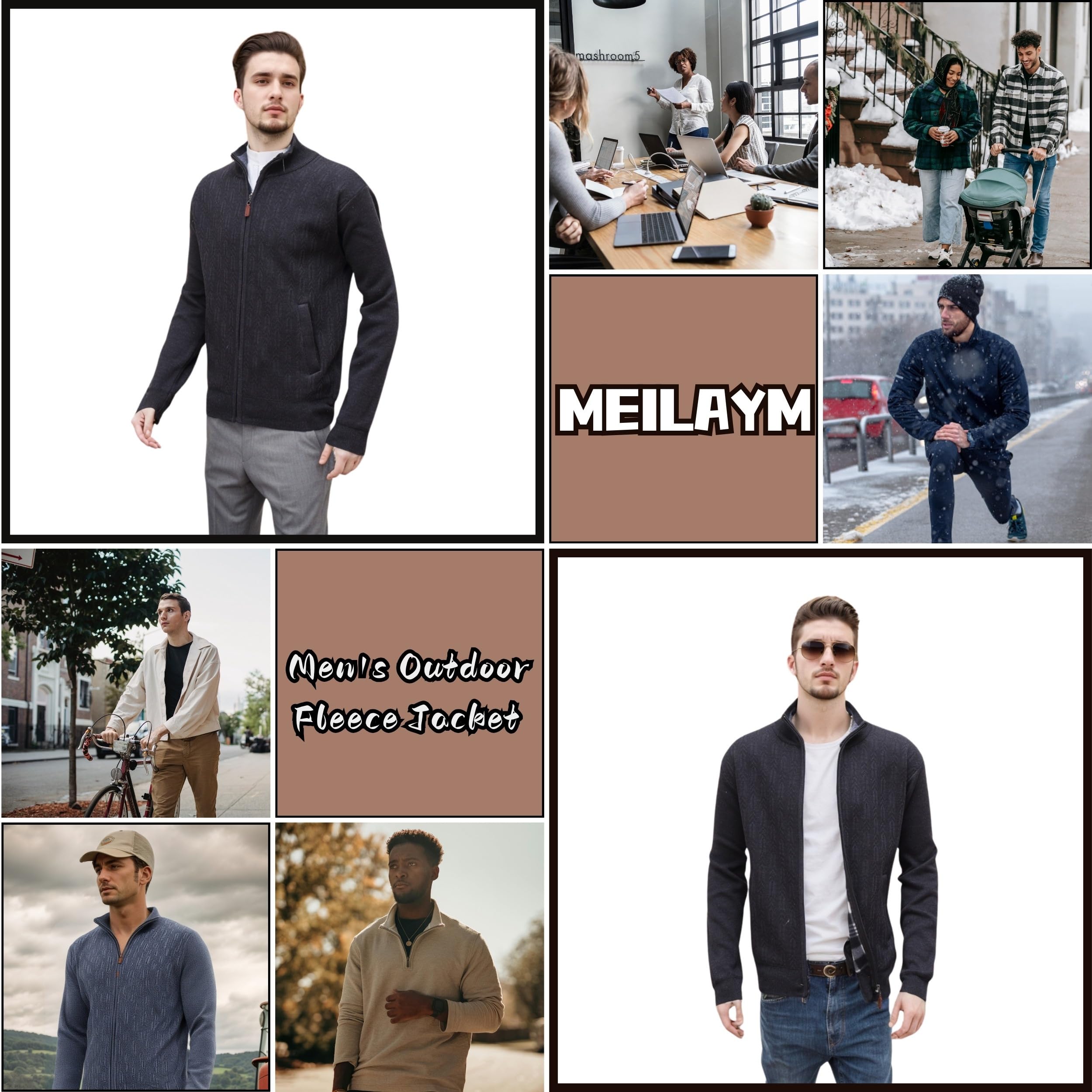 Cárdigan de Punto para Hombre Cálido Chaqueta Cuello Alto Cremallera Forro Polar Slim Fit