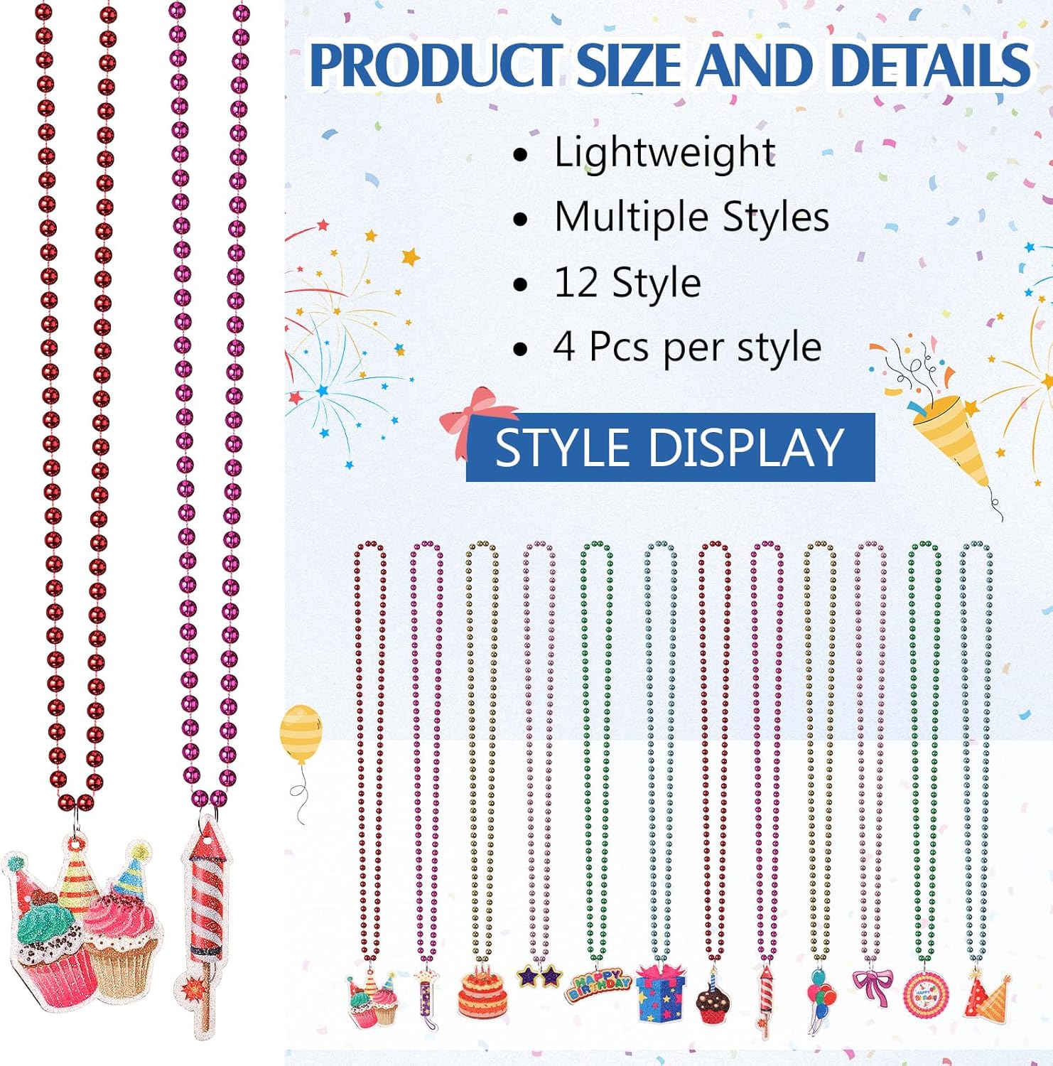 Ecally 48 Pcs Colorful Happy Birthday Beads Necklaces Bulk 33 Inch Cupcake Balloon Beaded Necklaces for Birthday Party Favors - Image 3