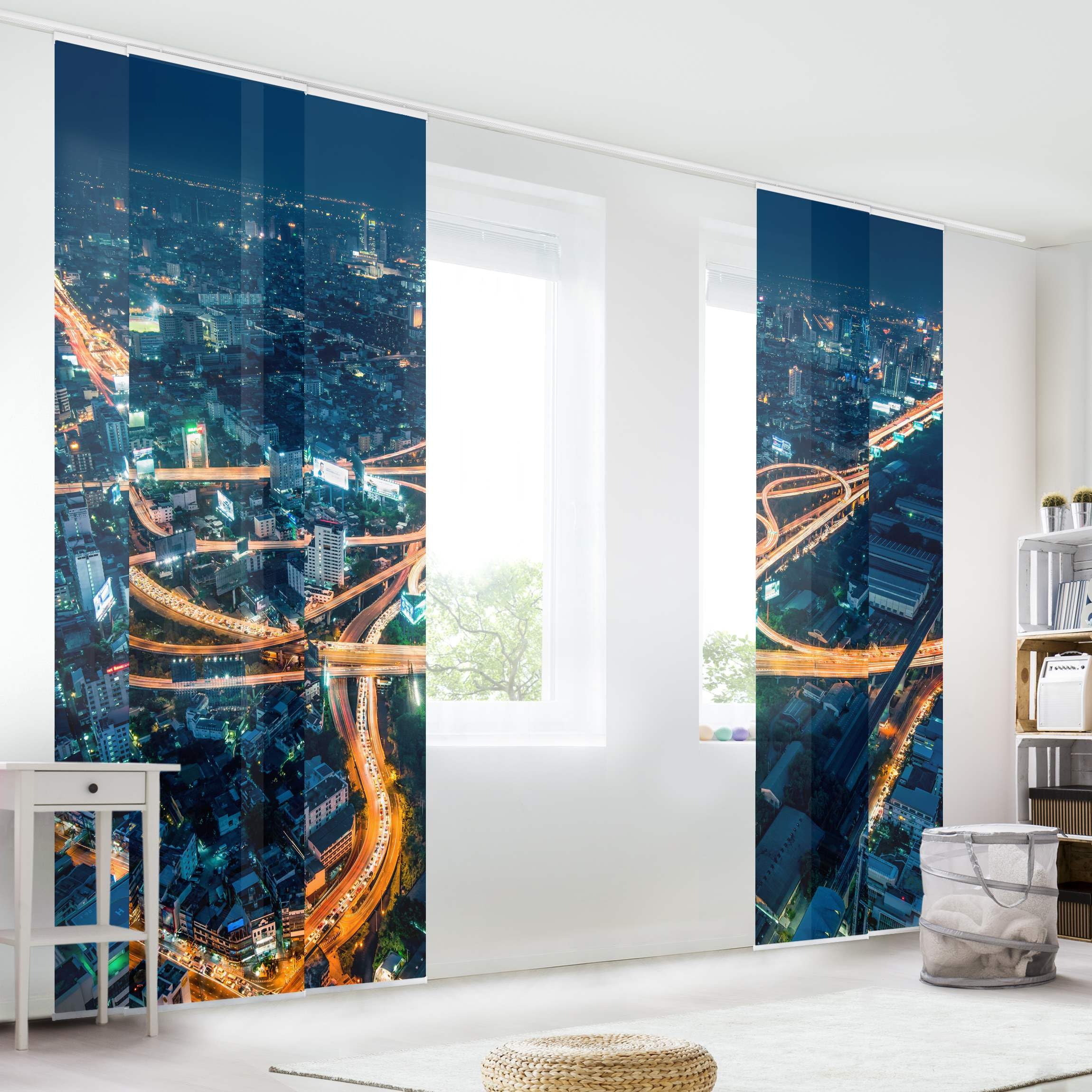 Schiebegardine halbtransparent 60er Paneel Klett Skyline Textil lichtdurchlässig - Asien Modern Flächenvorhang blau Wohnzimmer Schlafzimmer 2556 (300x250 cm - 5er Set)