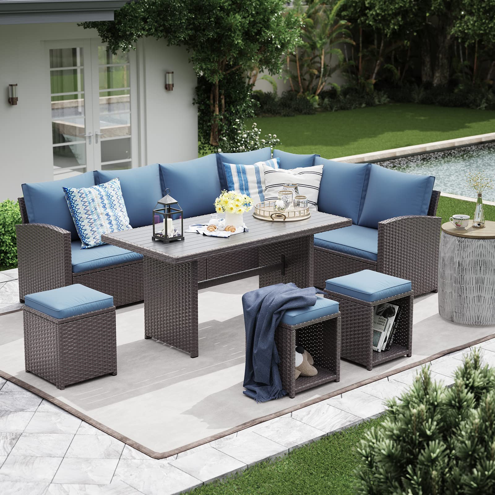 JOIVI Patio Furniture Set, 7 Piece Patio Dining Sofa Set, Outdoor Sectional Sofa Conversation