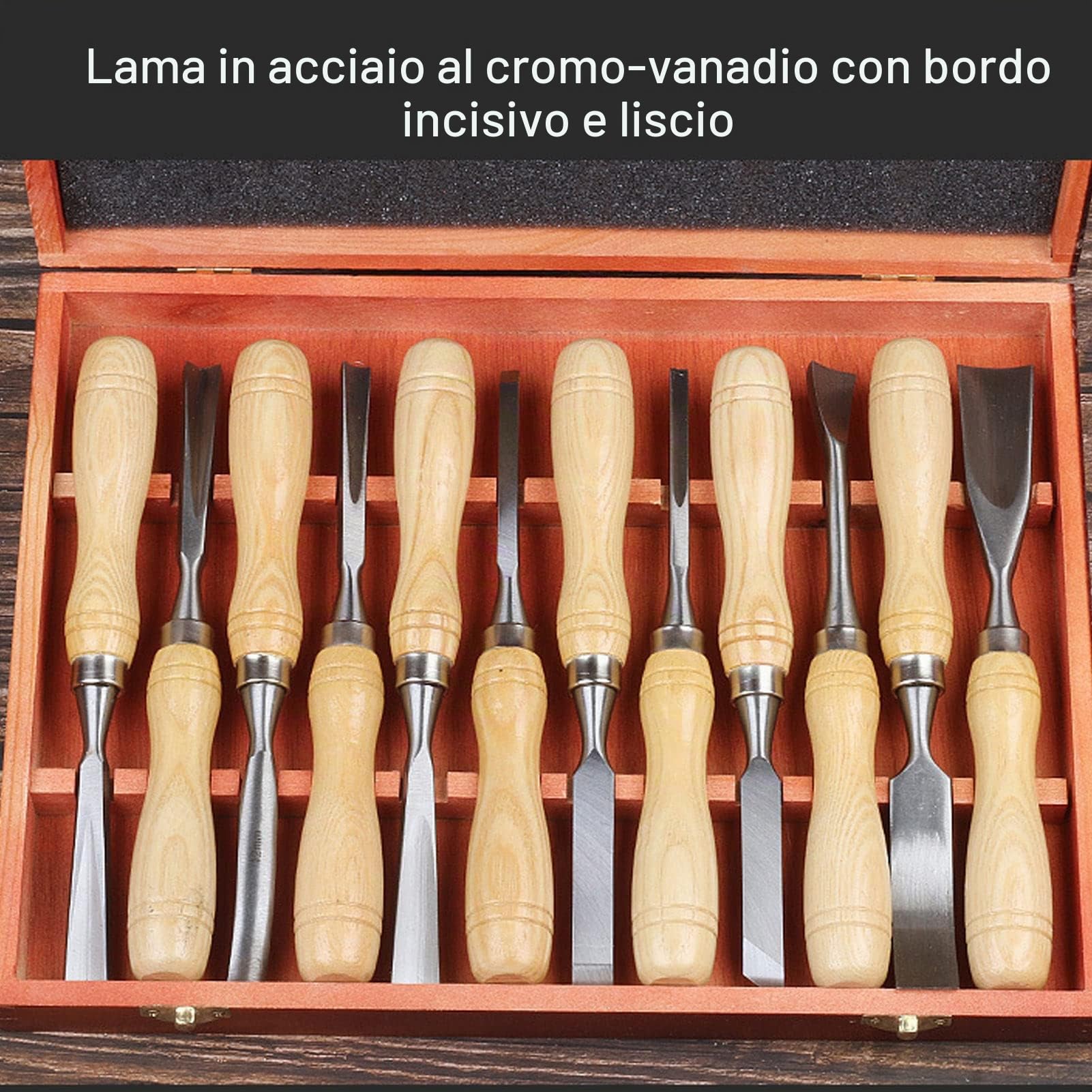 Scalpelli per Intagliare Il Legno da 12 Pezzi, Set di Strumenti per Intagliare Il Legno Professionale con 12 Coltelli, Scatola di Immagazzinaggio, Kit di Scalpelli per Scolpire Fai da Te in Acciaio