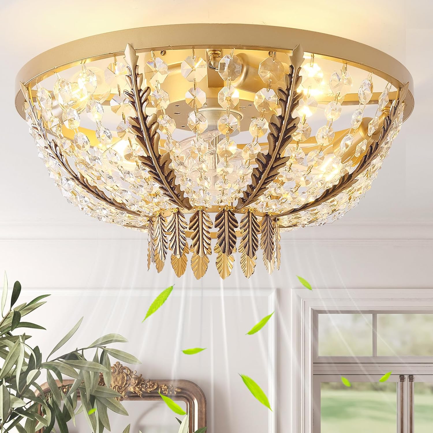 20" Gold Crystal Fandelier Ceiling Fan with Light, Crystal Flush Mount Ceiling Fan with Light Remote Control,Mid-Century Caged Crystal with 6 Speed for Bedroom, Nursery, Living Room