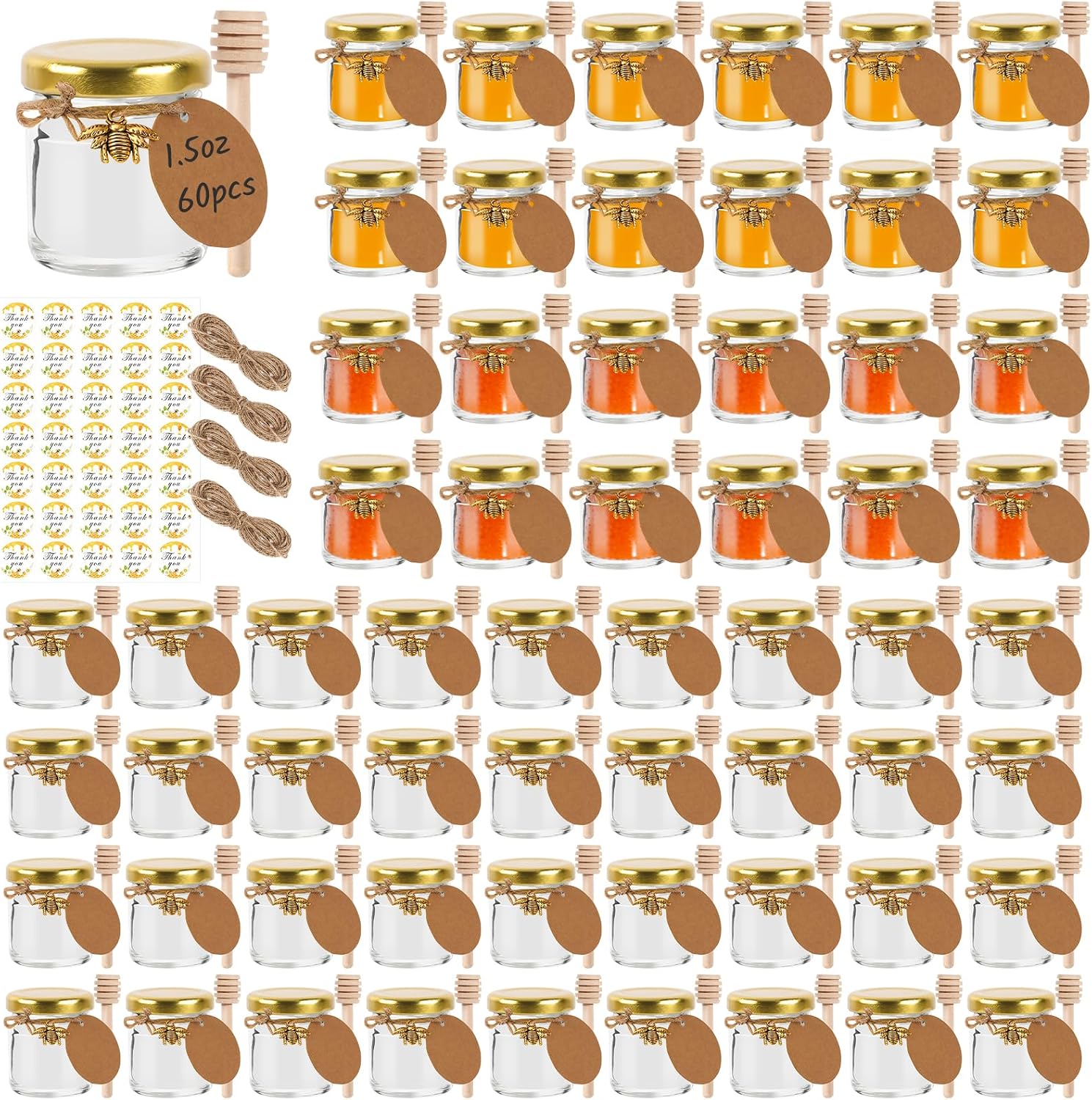 60 Pack 1.5 oz Mini Glass Honey Jars, Clear Canning Jars with Gold Lids | 45ml Jam Jars with Wood Dipper, Bee Pendants,Twine String,Bee Stickers &Tags -Perfect for Baby Shower,Wedding Party Favors.