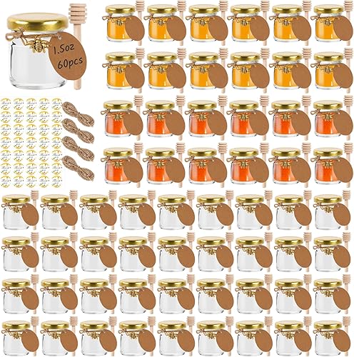 Betrome Mini tarros de miel de vidrio de 1.5 onzas, paquete de 60 tarros transparentes de 1.5 onzas líquidas con tapas doradas, con tapa dorada,