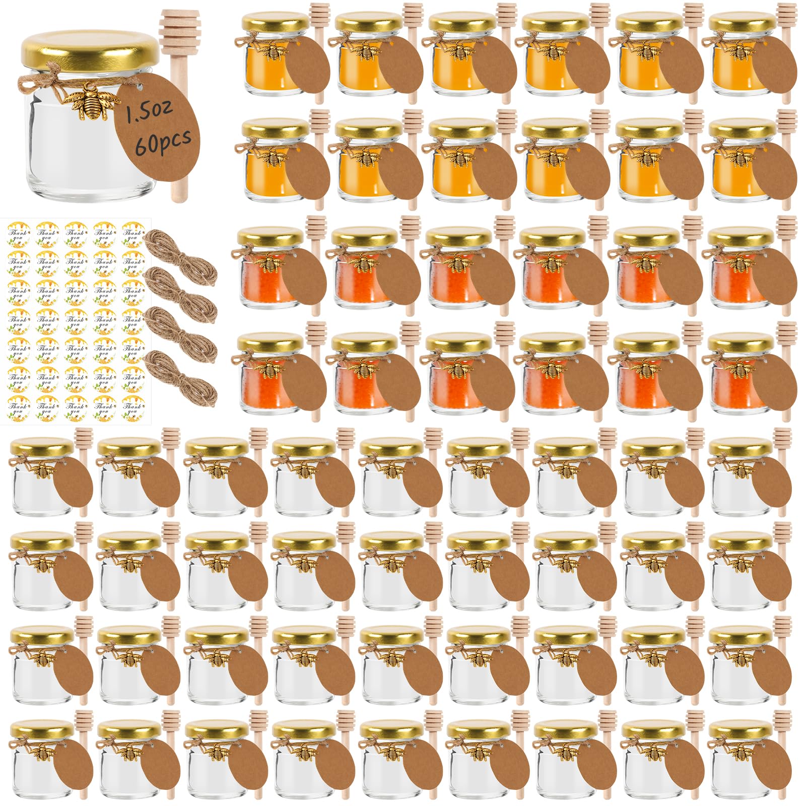 Mini Bocaux à Miel en Verre 45 ml avec Cuillère Bois et Étiquettes