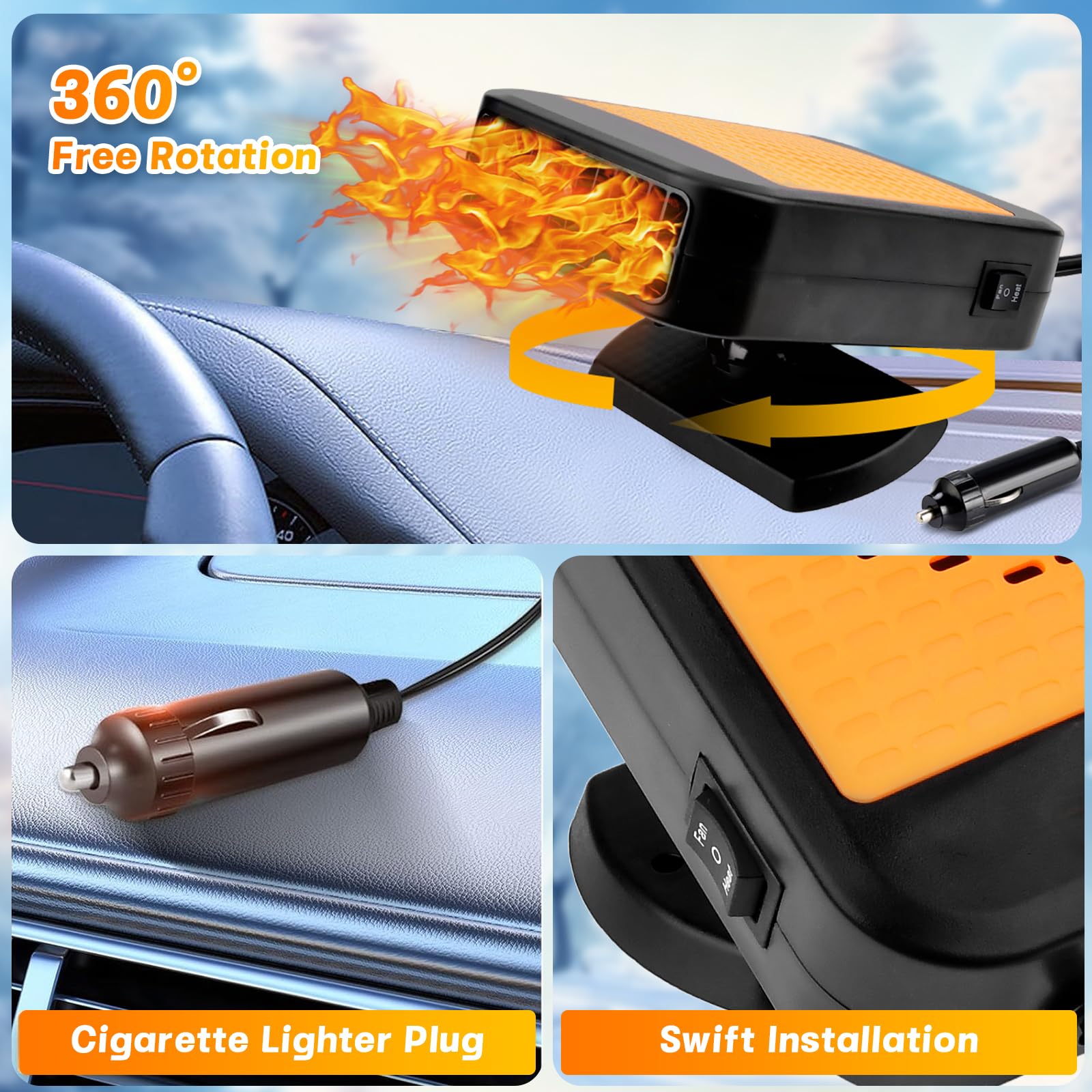 Auto Heizung, 12V Tragbare Autoheizung HeizlüFter 2 In 1 Heizung & Ventilator, HeizlüFter Mit Akku, Autoentfroster Auto Mit 360 Grad Drehungautoheizung Stecker FüR ZigarettenanzüNder FüR Auto