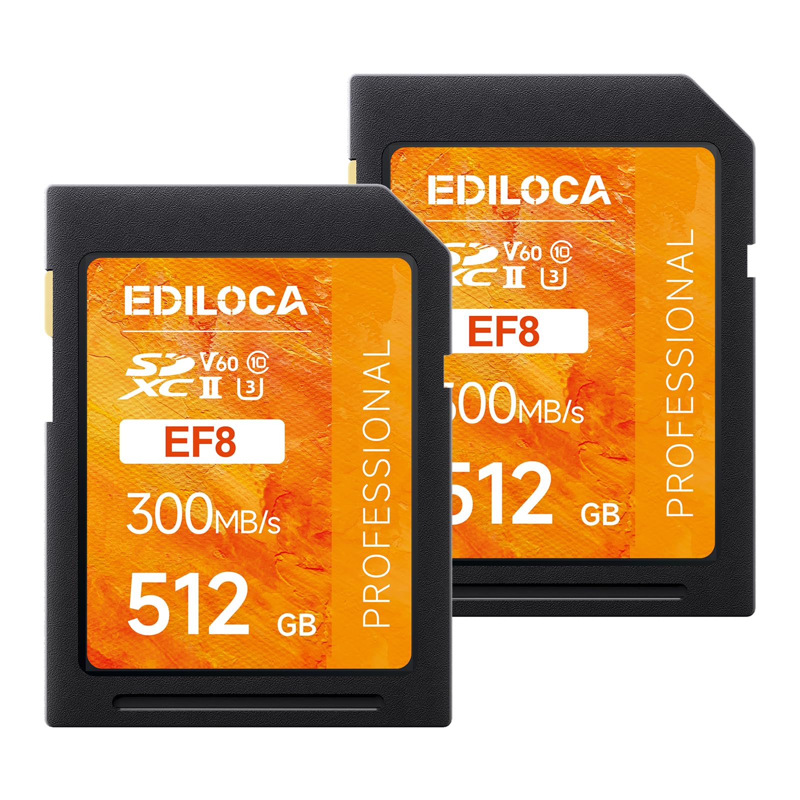 512GB UHS-II SD Card V60 Memory Cards for Professional Camera 4K/6K Video - 300MB/s Read, 200MB/s Write, Shockproof &amp; Waterproof High-Speed Storage, U3 Class 10 (EF8 2PCS)