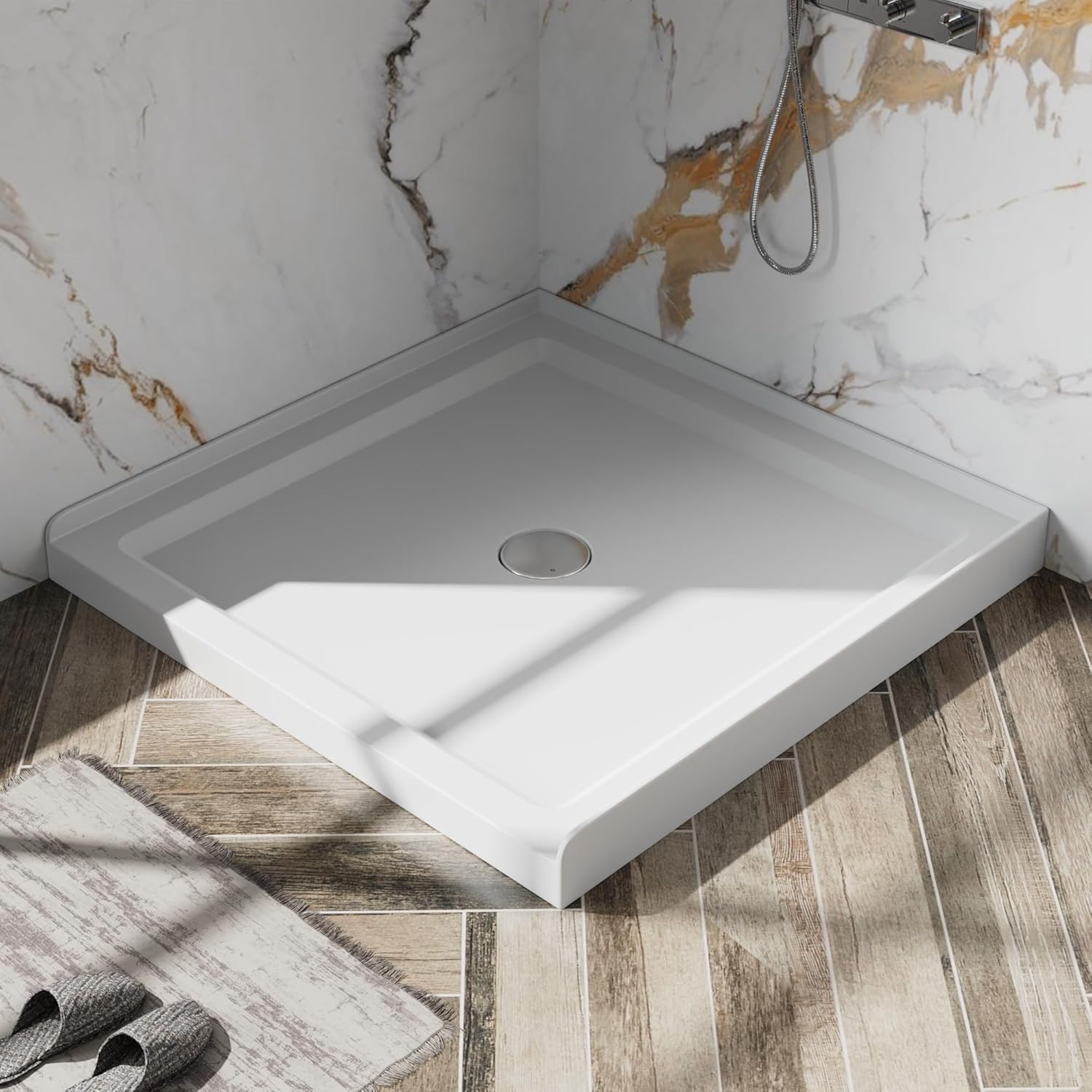 Goodyo 36" x 36" Shower Base Single Threshold Center Drain Shower Pan in White, Drain not Included White1