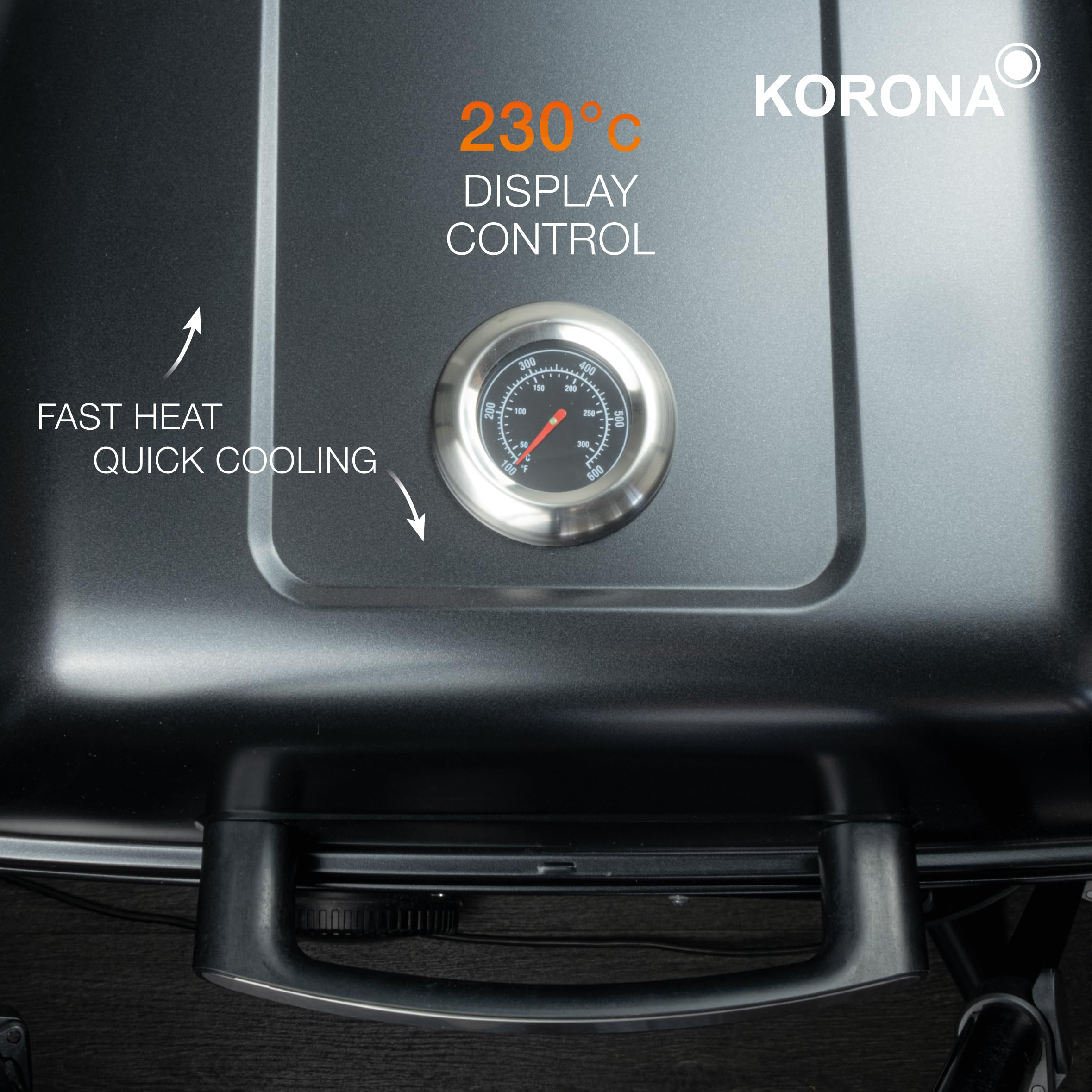 Korona 46222 Elektryczny grill stojący na kółkach, 2400 W, dzielona powierzchnia grillowania XXL, ryflowana i gładka, z pokrywą i wskaźnikiem temperatury