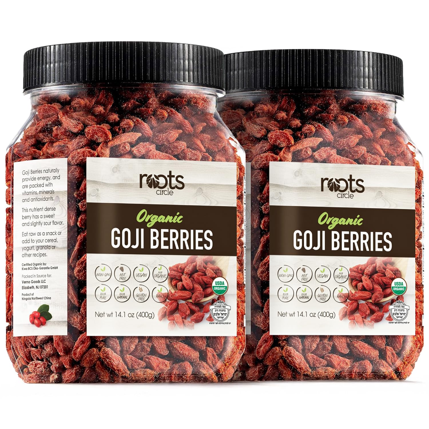 - Roots Circle USDA Organic Dried Goji Berries 14.1 oz Jar 2 Pack | Bulk Supply of Goji Berry Fruit Superfood | Naturally Rich in Antioxidants to Support Healthy Skin | Raw, Natural, Vegan, Non-GMO, Kosher