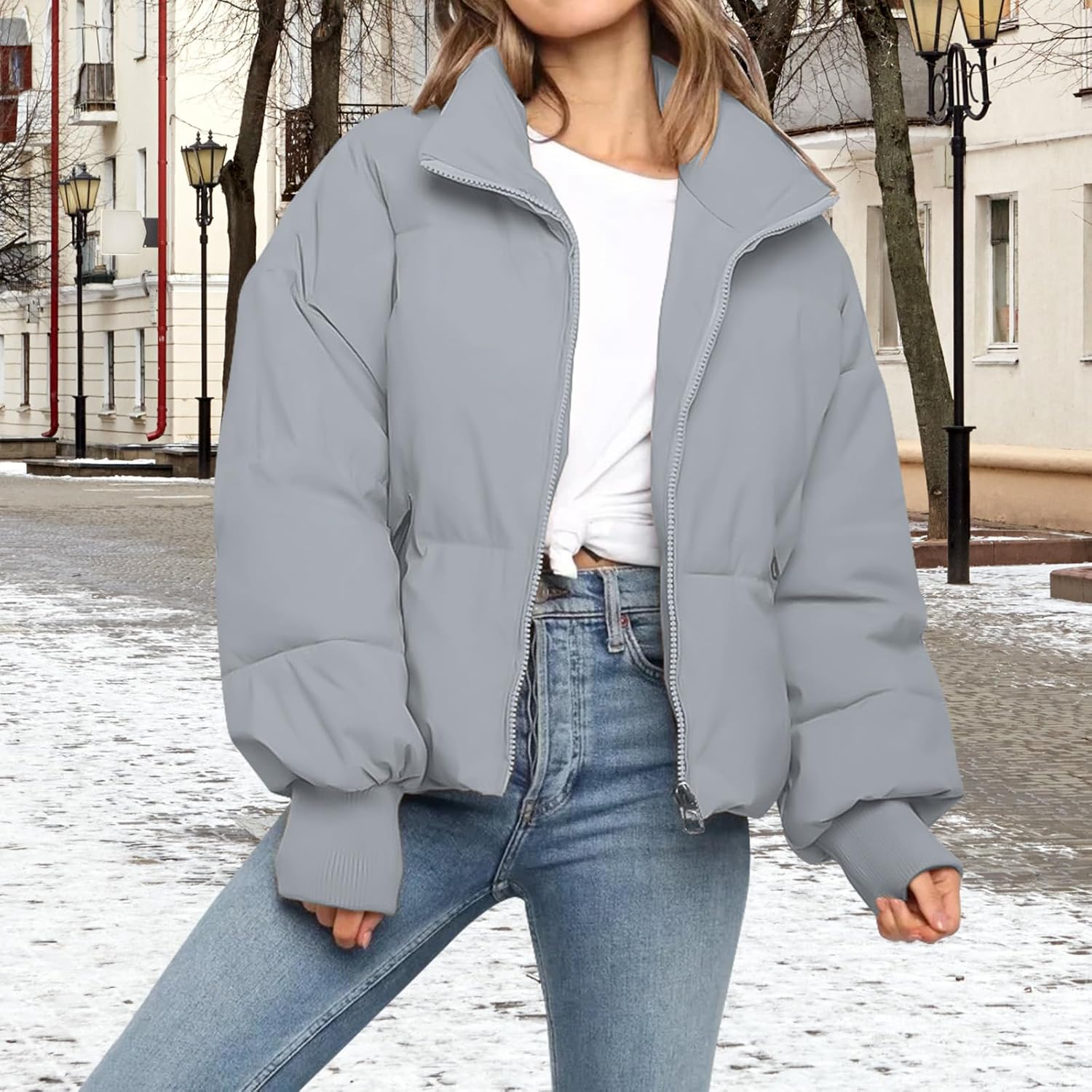 Women’s Winter Cropped Puffer Jacket Coat Casual Quilted Baggy Long Sleeve Zip Down Jackets Outerwear - Image 9