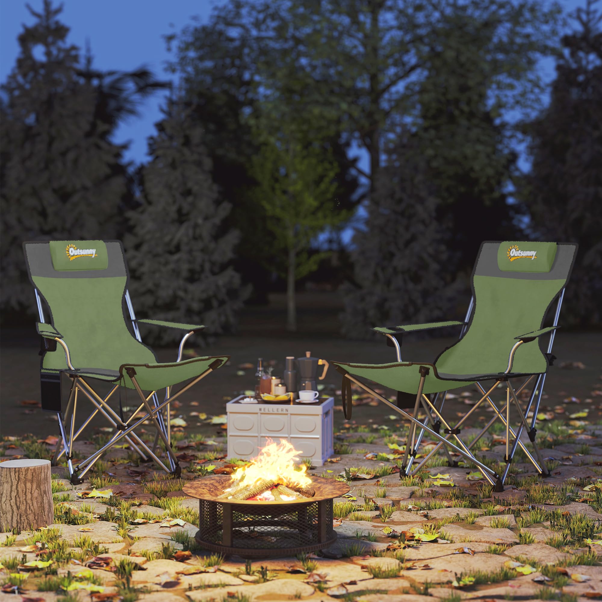 Outsunny Set 2 Sedie da Campeggio Pieghevoli con Poggiapiedi Staccabile, Portabicchieri e Tasca Laterale, Sedie da Giardino in Tessuto Oxford e Metallo, Portata Fino a 120 kg, 125x48x90 cm, Verde