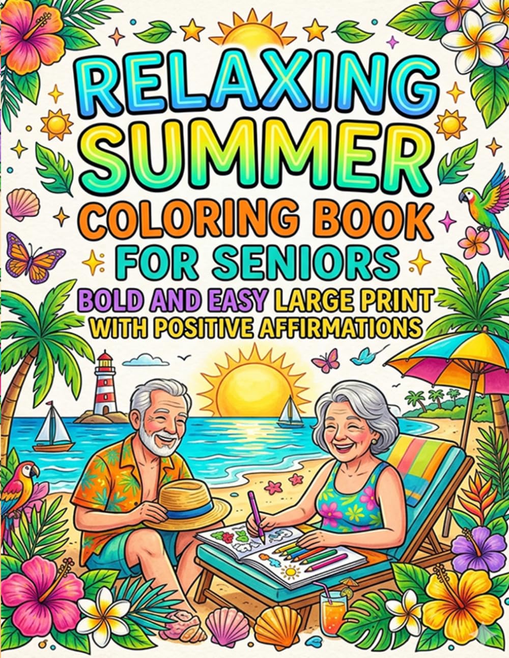 Relaxing Summer Coloring Book for Seniors Bold and Easy Large Print with Positive Affirmations: Simple Summer Designs for Relaxation Stress Relief and Mindful Joy