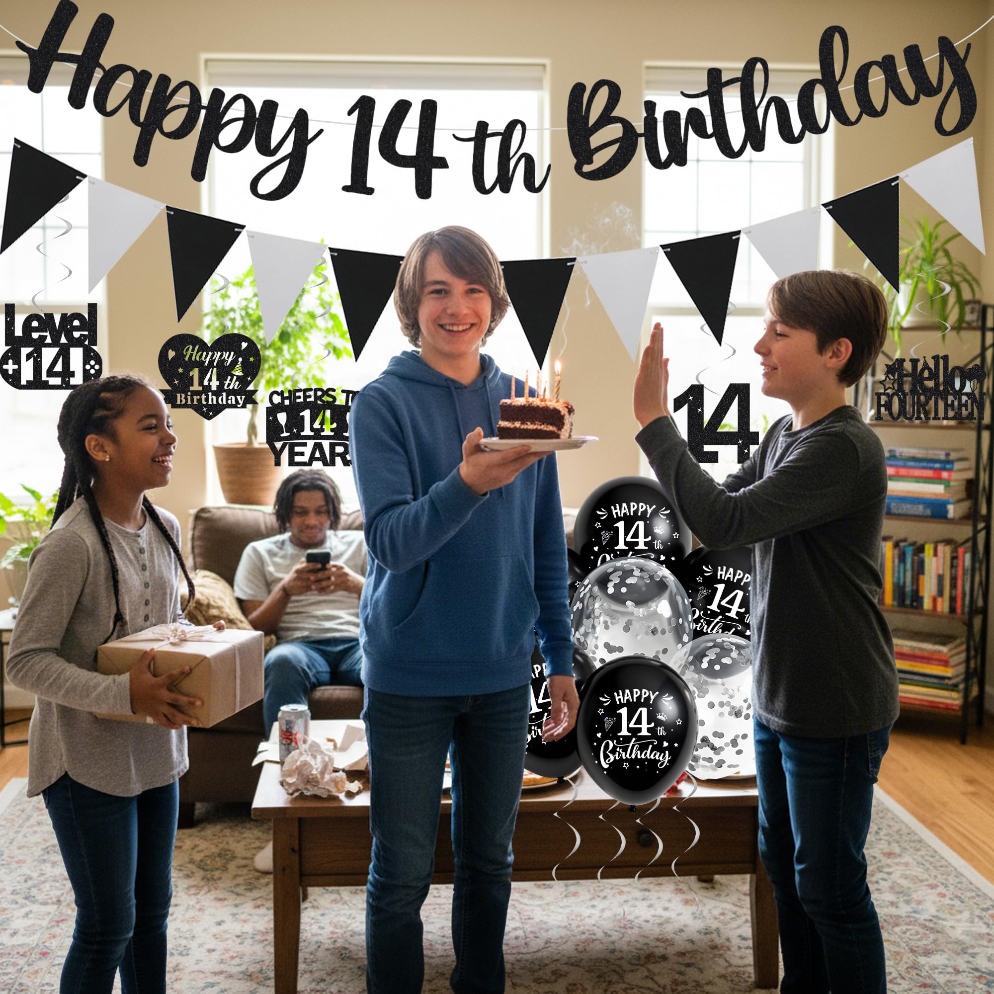 14th Birthday Decorations for Boys Girls - Black Silver Glitter Happy 14th Birthday Letter Banner and Pennant Flags, Number 14 Foil Balloons and Hanging Swirls for 14 Years Old Children Party Supplies - 5