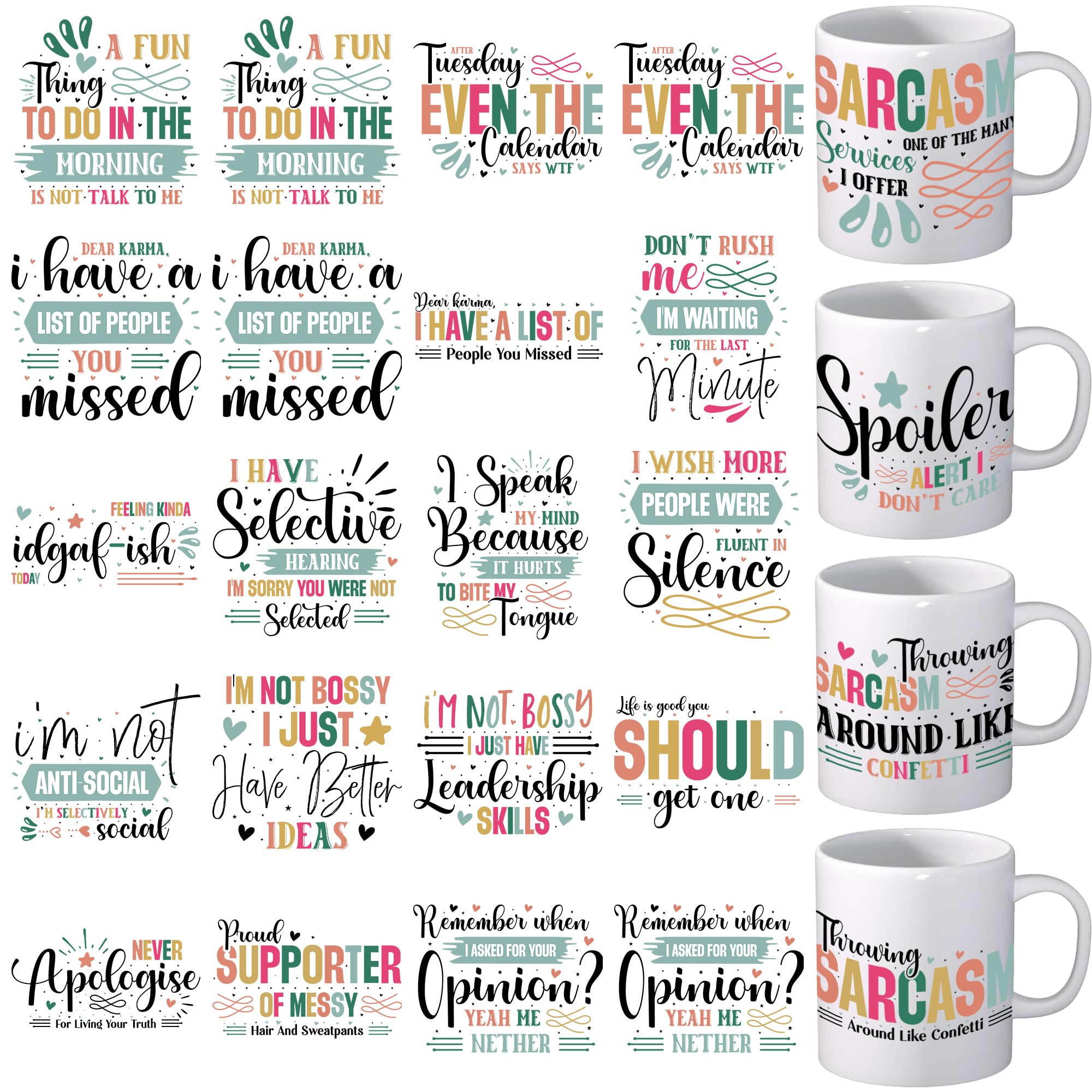 Film UV DTF pour tasse Lot de 24 stickers citations sarcastiques et dragons pour création bois
