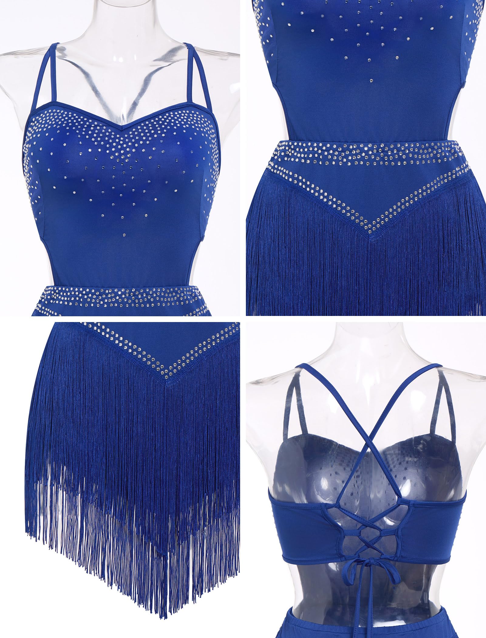 IDOPIP Damen-Body mit Fransen, Pailletten, Strass, glitzernd, rückenfreie Träger, Latein-, Salsa-, Ballsaal-Kostüm, Performance