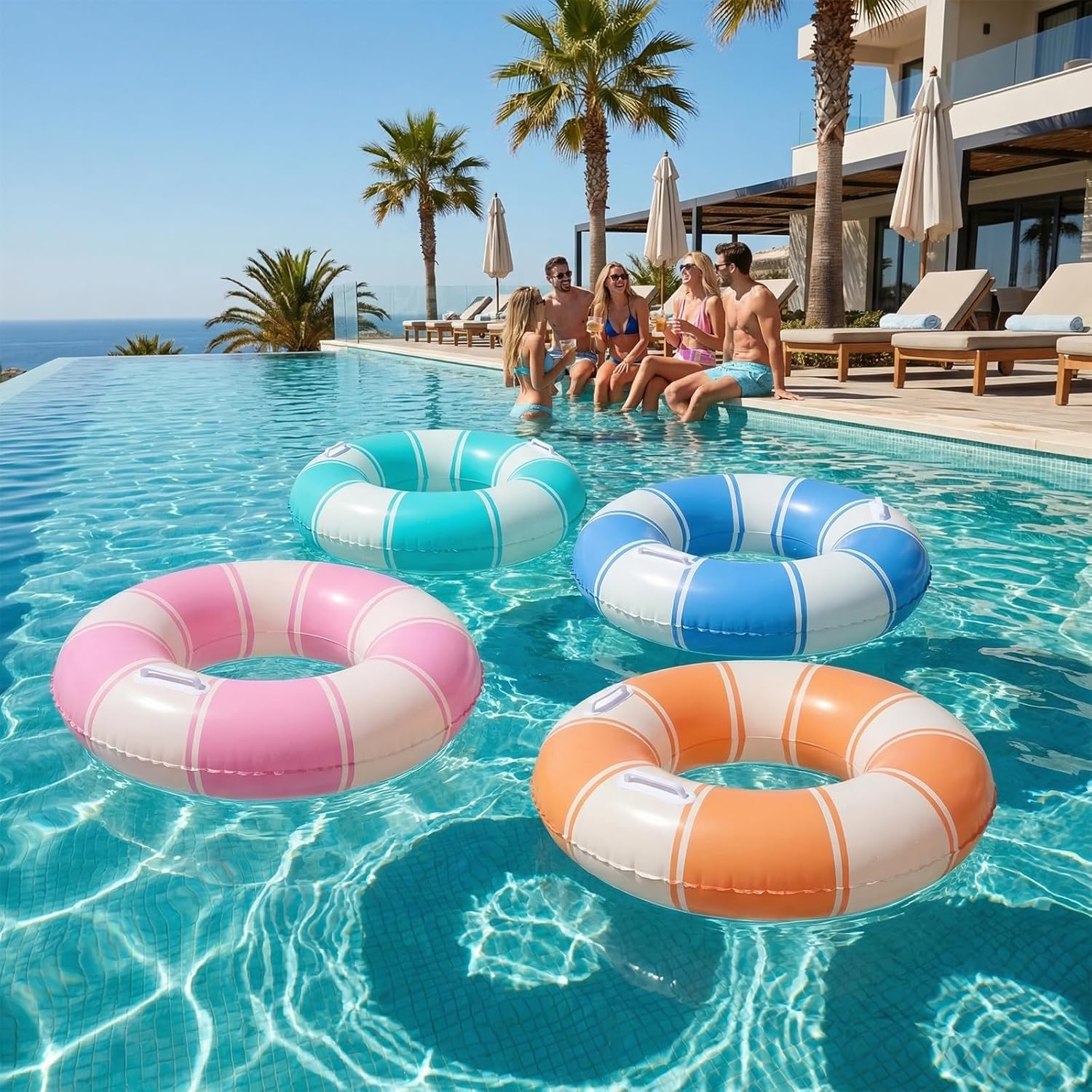 Inflatable Pool Floats with Handles 31.5 Inches 4 Colors Classic Striped Swim Rings Tubes Stripes Swimming Pool Floaties with Pump for Summer Beach Lake River Bachelorette Party Decorations