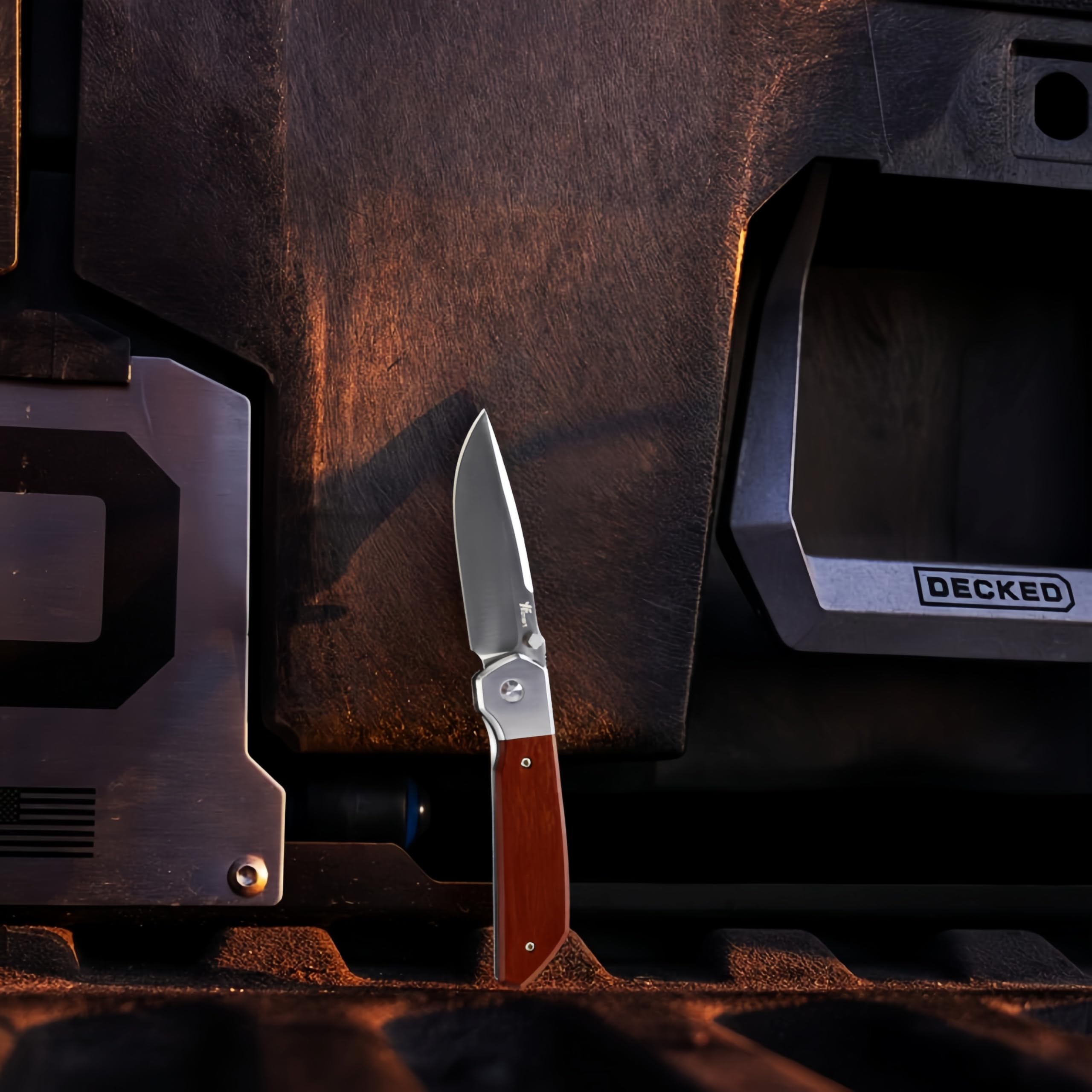 Front-Flipper-Klappmesser, Herrenmesser, D2-Klinge mit hochwertigem Holzgriff und tiefem Taschenclip, Camping-Jagd-Taschenmesser, EDC-Messer-Gentlemen-Folder mit (Groß)