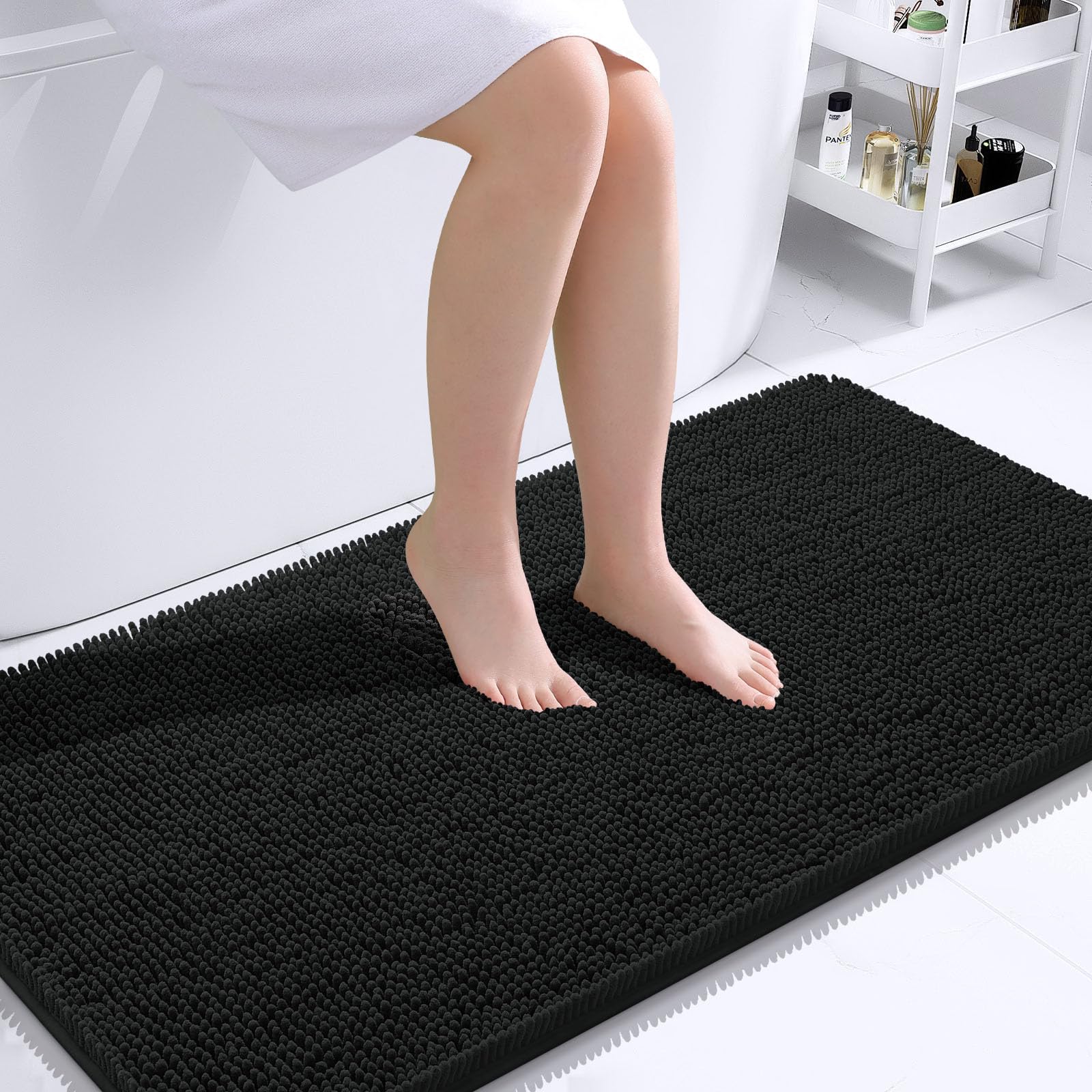 OLANLY Bathroom Runner Rugs 44x24, Extra Soft Absorbent Chenille Bath Rugs | Black, Quick-Drying Rubber Backing, Machine Washable Long Bath Mat for Bathroom Floor, Tub and Shower, Home Decor Accessories