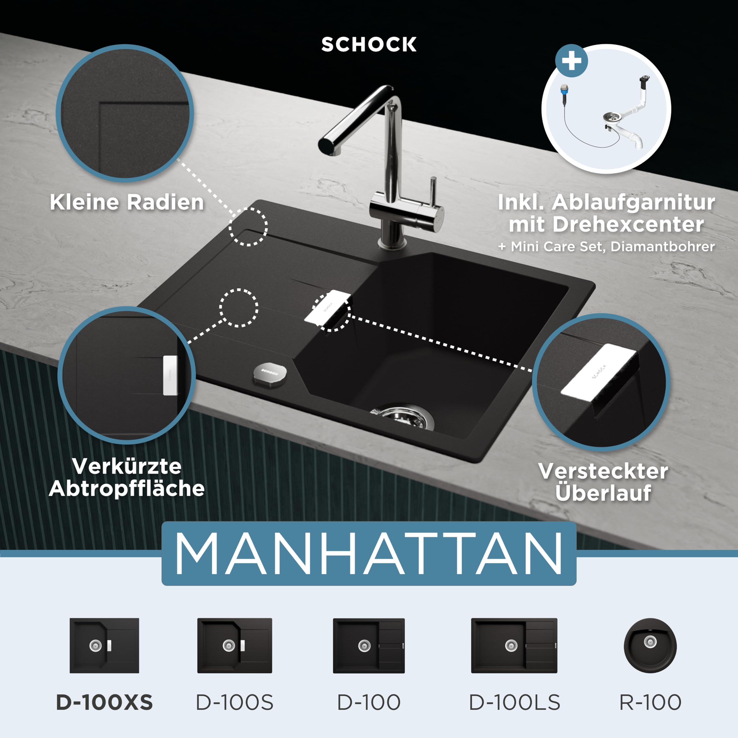 SCHOCK Küchenspüle Manhattan D-100XS in Nero I Granitspüle mit Abtropffläche I Einbauspüle für 40 cm Unterschrank I robuste kratzfeste Cristalite Spüle I Design Spüle mit Excenterbedienung