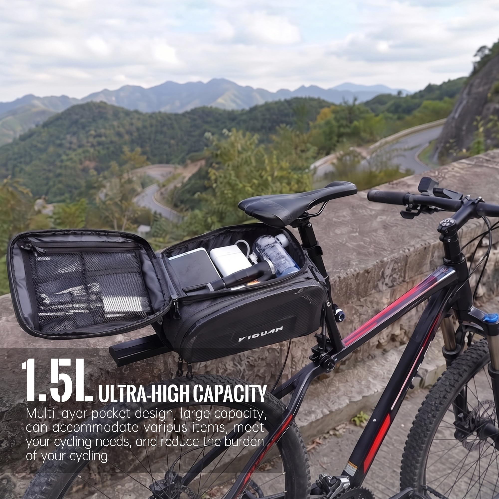 MP04 Sacoche arrière pour vélo, spacieuse, sacoche de porte-bagages pour VTT et vélos de route, sac étanche et résistant, sacoche de vélo pour porte-bagages