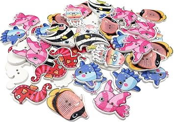 Wooden Buttons,Cartoon Fish-Shaped Pattern Decorative Button,Novelty Mixed Round 2 Holes Buttons 25-30mm Pack of 50 Multicolored-Fish