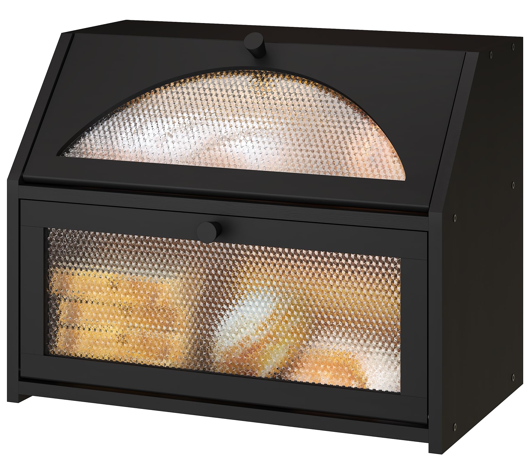 Bread Box, Bamboo Wood Bread Box for Kitchen Counter, Double-layer Bread Storage Bin, Acrylic glass with Diamond Patterns (Black, Large)