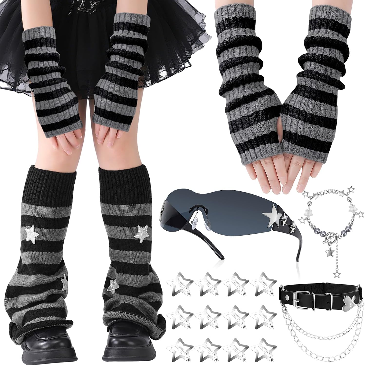 JATEBI Y2k Leg Warmers Arm Warmers for Women Y2K Leg Arm Sleeves Sunglasses Star Hair Clips Goth Lolita Grunge Accessories