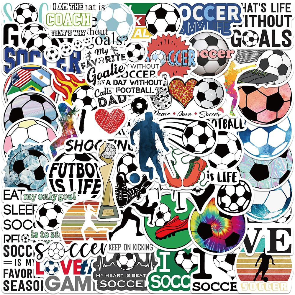 Cool Soccer Stickers for Kids Teens Adults, 50PCS Love Soccer Hapiuen Vinyl Waterproof Sports Stickers for Water Bottles Laptop Scrapbook, Cute Boys