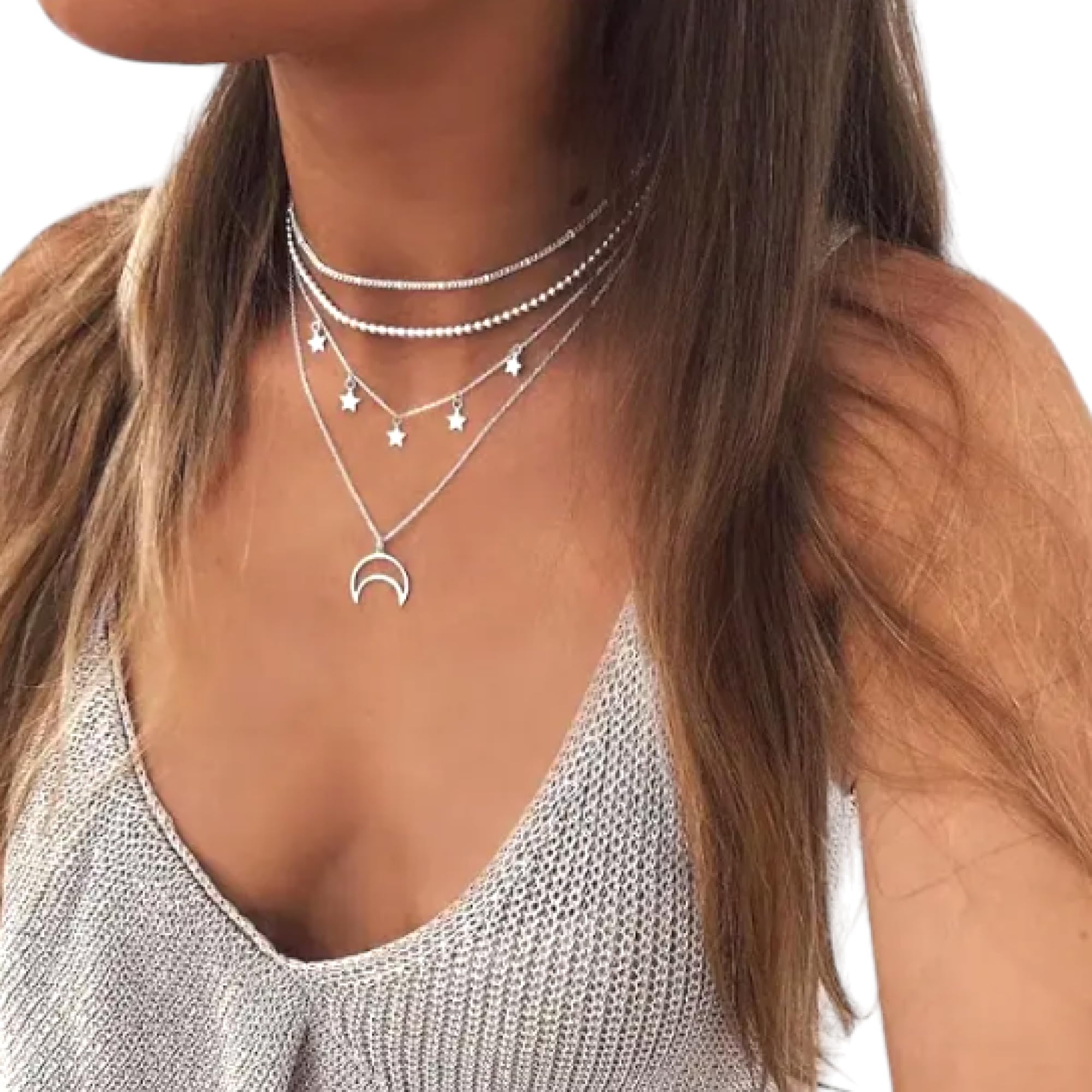 WORLD GOBLINS WORLD GOBLINS Collar Bohemio 4 Capas de Plata para Mujer y Niña. Varias Cadenas Colgantes de Luna Estrella Boho. Gargantilla Ajustable, Hecho a Mano. Regalos Originales