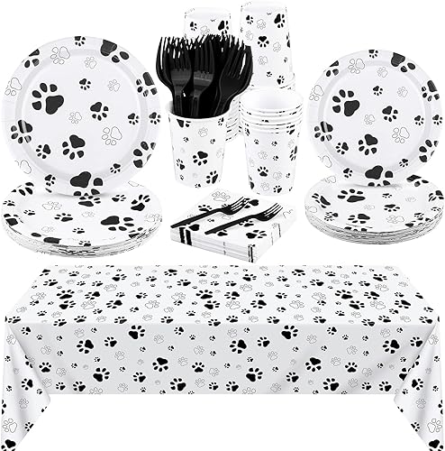 Miniatura 8 de durony 121 piezas de suministros de fiesta con estampado de pata azul para perro, mantel de cumpleaños para perros, platos, servilletas, tenedores y