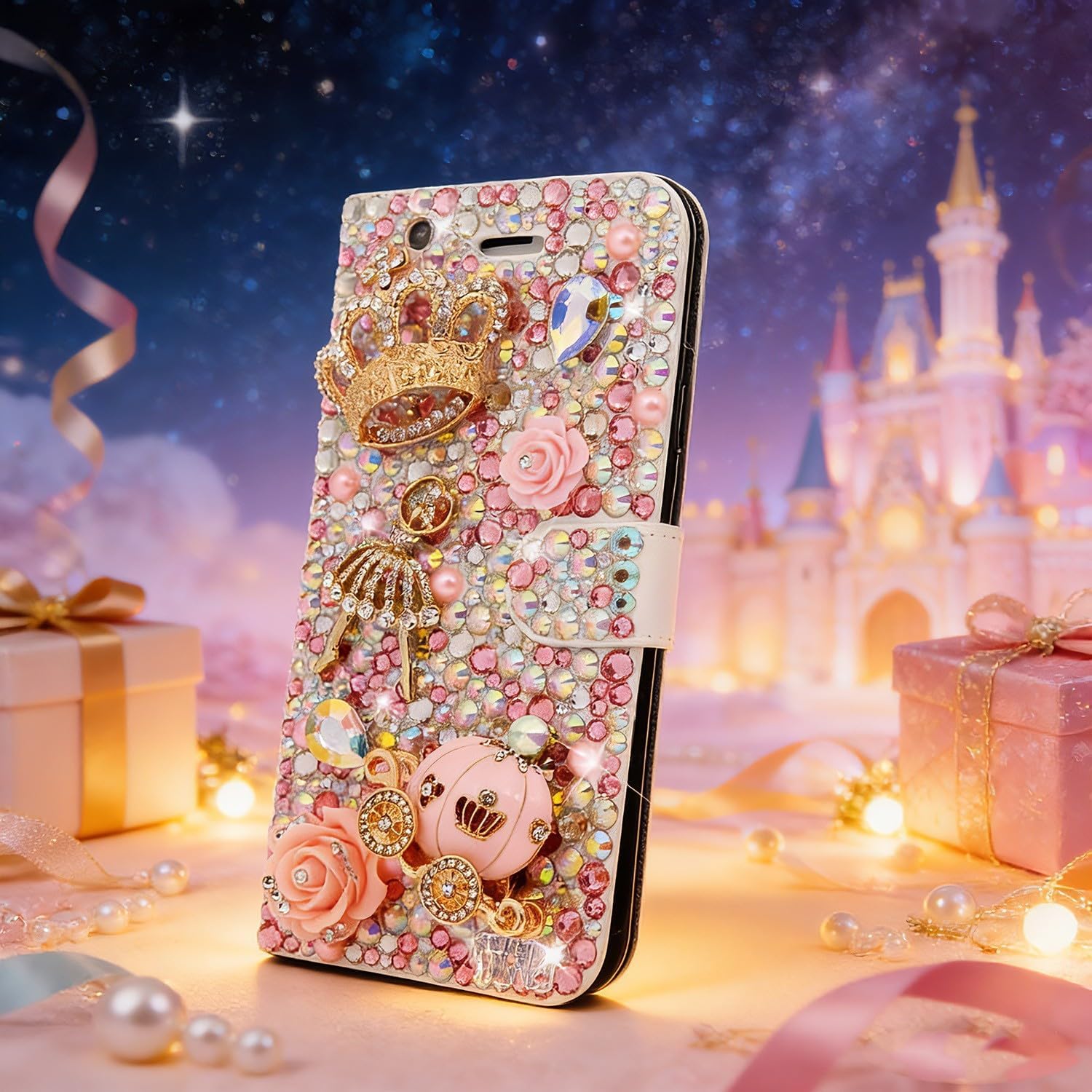 Glitter Wallet Case for iPhone 12 Pro Max - Girls Women 3D Luxury Shiny Leather Cover with Screen Protector, White Floral Pearl Crystal Phone Strap - Pink Crown Ballet Girl Pumpkin Car