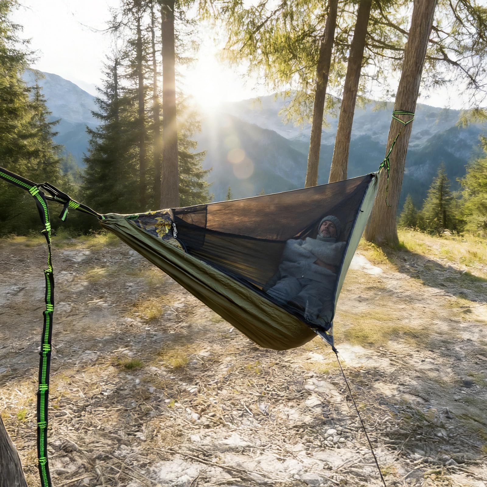 Night Cat Hängematte Outdoor mit Moskitonetz: Camping Hängematte XXL Leicht mit Aufblasbarer Isomatte für 1 Personen für Reise Trekking und Draußen