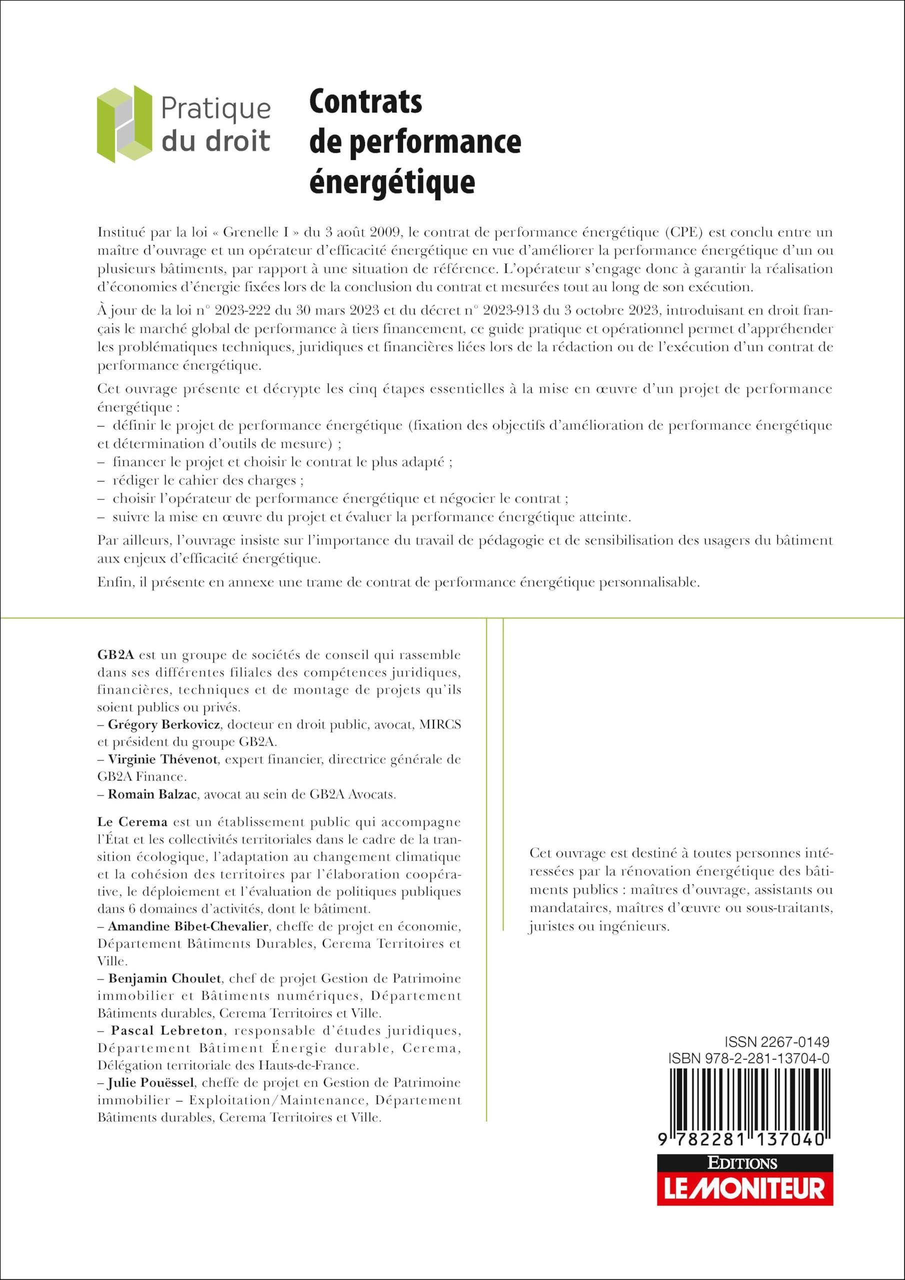 Contrats de performance énergétique: Passation - Financement - Exécution