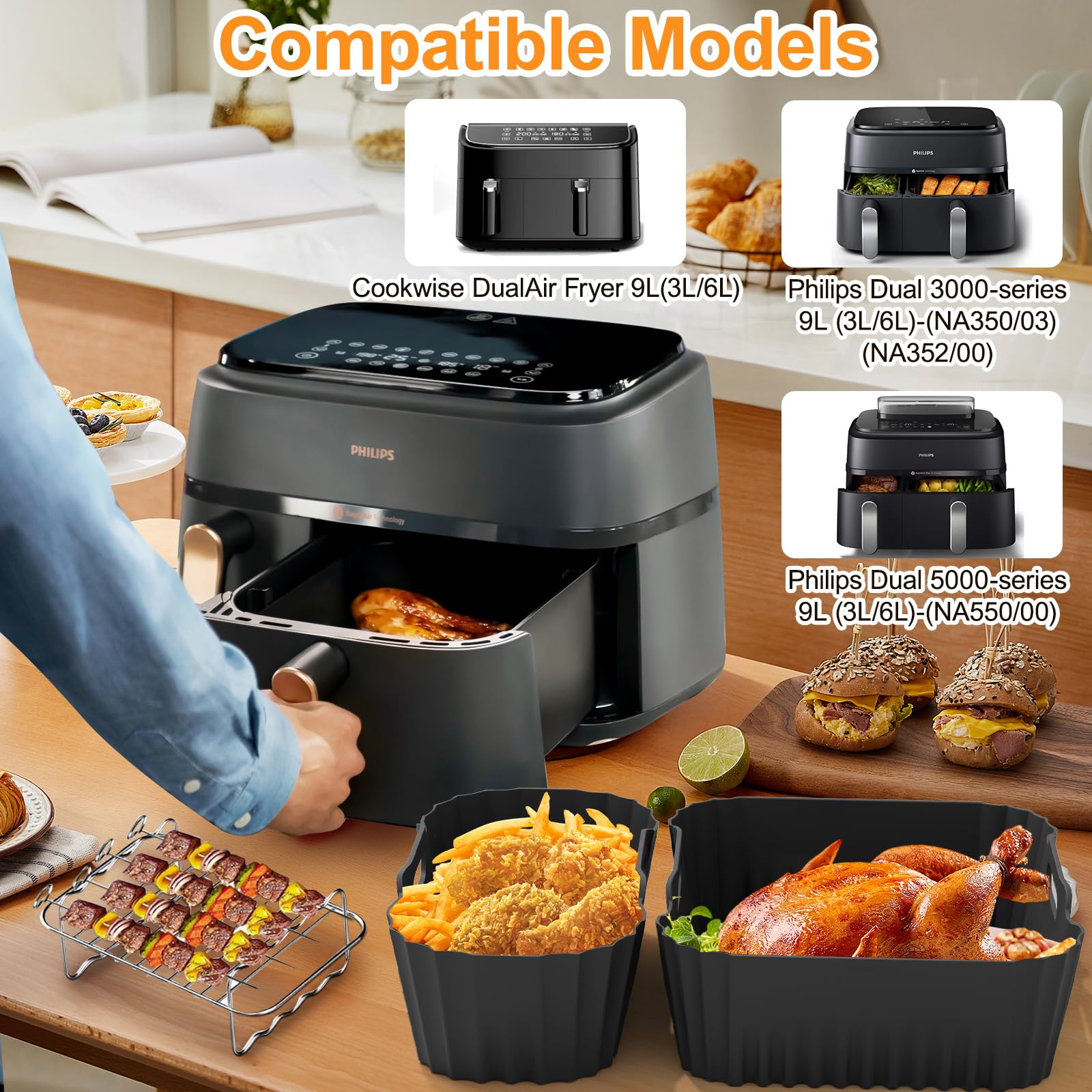 Set 2 Stampi In Silicone Per Waffle Belgi Per Philips Airfryer Dual Basket 3000 Series (6L/3L) NA350