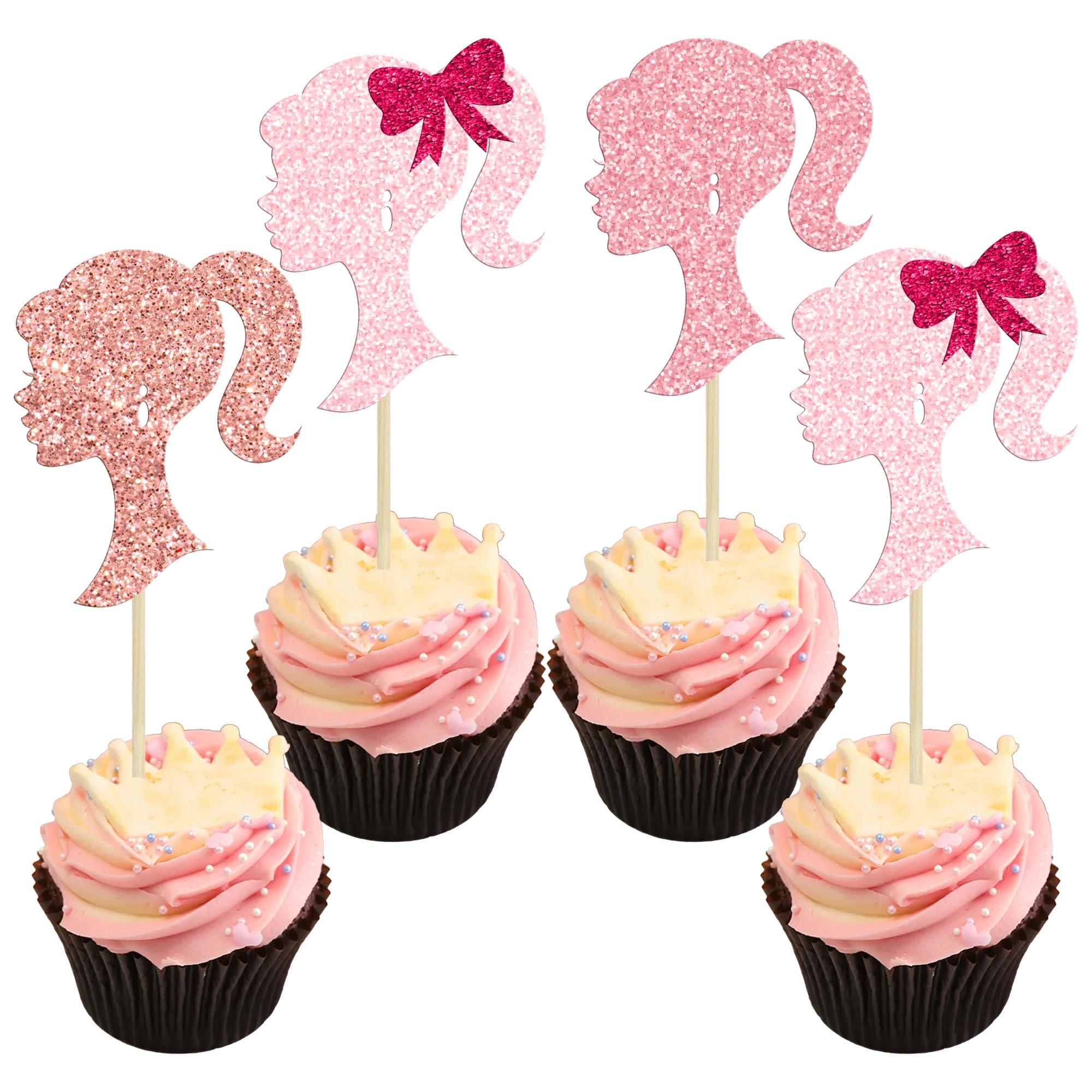 Ephlyn 24Pcs Girl Birthday Cupcake Toppers Multi Pink Glitter Princess Doll Head Cupcake Picks Princess Girl Cake Decorations for Bridal Shower Birthday Party Supplies