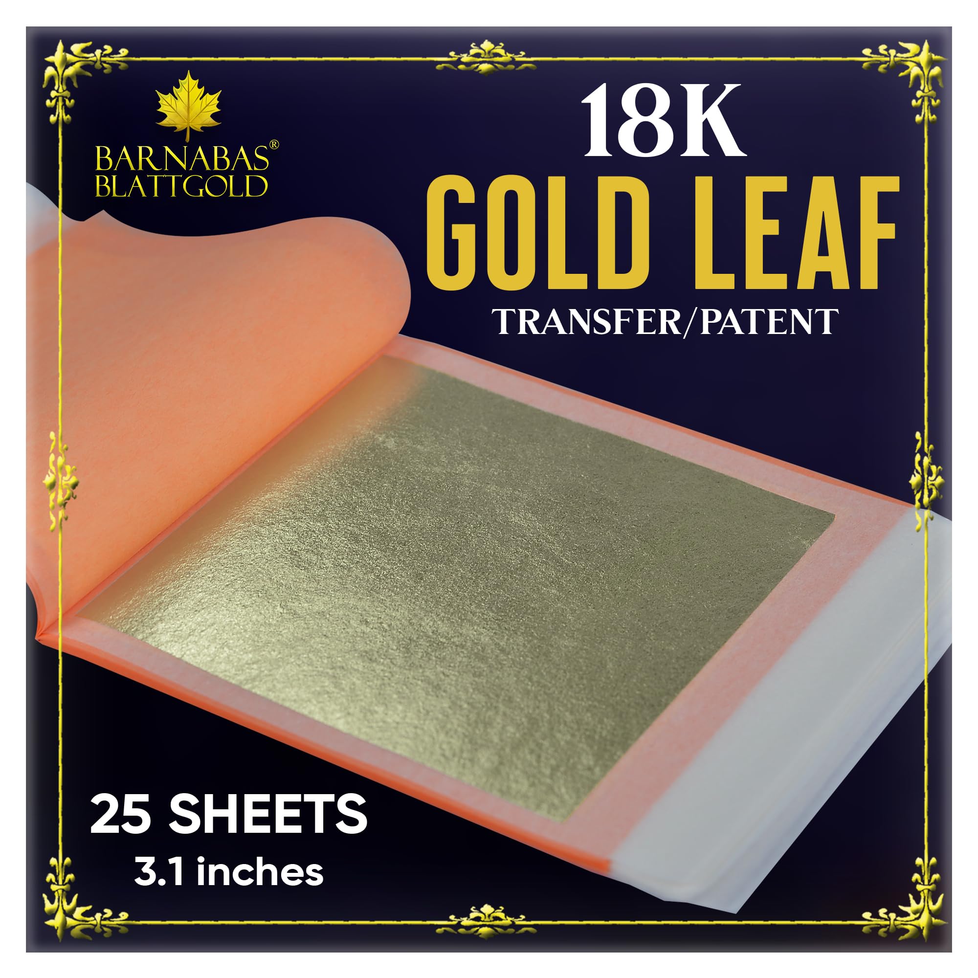 Barnabas Blattgold Gold Leaf - 18K Real Gold [25 Sheets, 3.1 inches] - Transfer Patent for Painting, Arts and Crafts