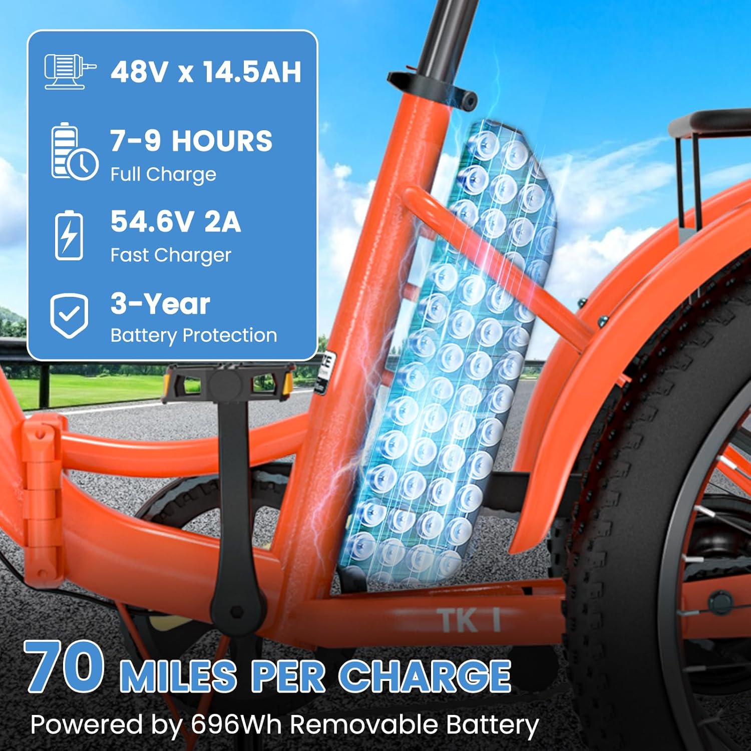 Close-up of the MOONCOOL E-Trike TK1 removable 48V 14.5Ah battery and charging details