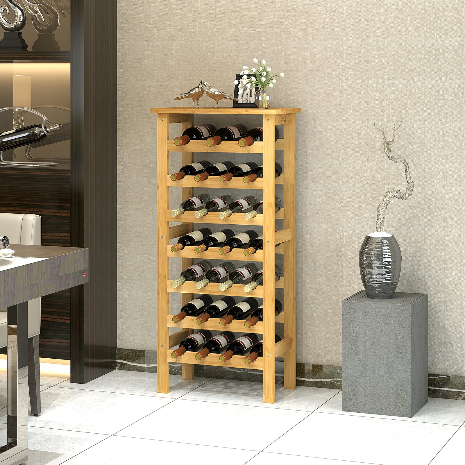 Dripex Range Bouteille, Casier à Vin à Bouteilles en Bambou - 7 Étagères - Range 27 Bouteille pour Cuisine, Bar, Cave à Vin, sous-Sol-47x29x102cm (LxlxH) | En bambou, avec plateau de table, montage facile