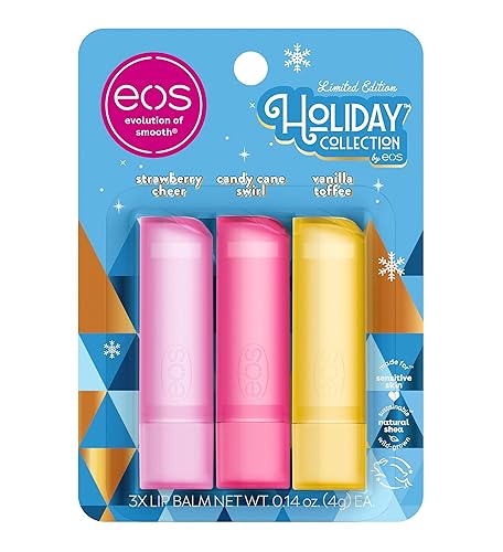 eos Regalo de bálsamo labial navideño Fresa, remolino de bastón de caramelo y caramelo de vainilla, rellenos de calcetines, cuidado labial de