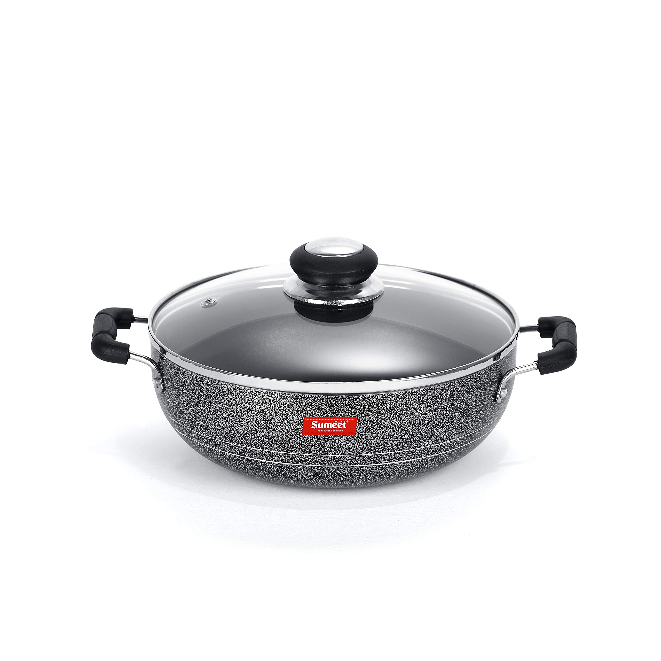 Summet 2.6mm Non Stick Glasso Deep Kadhai with Glass Lid - 2 Ltr - 22cm Dia (Silver)
